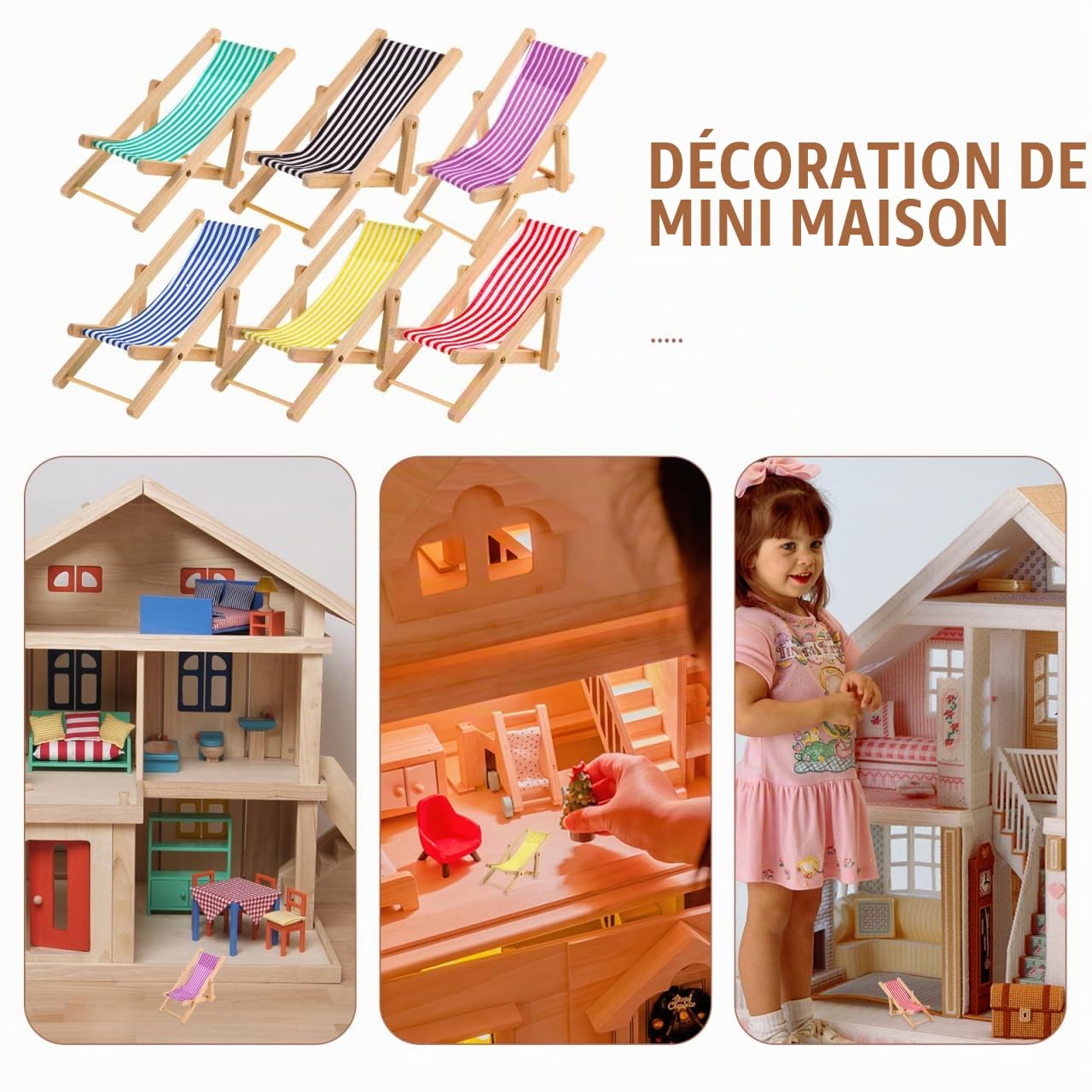 ibasenice 6 Pièces Miniature Chaise de Plage Pliable en Bois et Tissu, Transat Miniature 1:12 pour Maison de Poupée, Accessoire Décoration Micro Paysage, Couleurs Mixtes