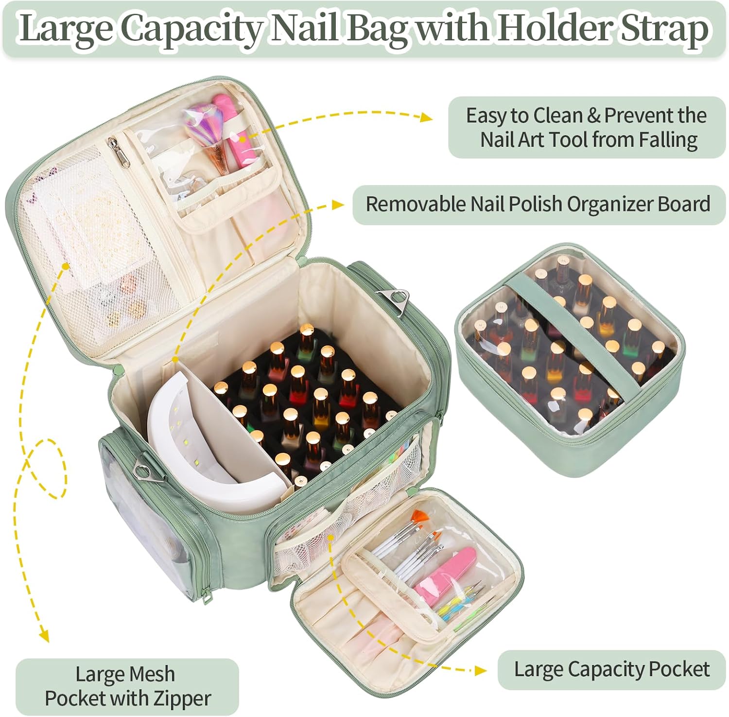 Bagmoly Nail Polish Organizer, Nail Polish Storage Holds 42+ Bottles & Nail Lamp, Portable Travel Nail Kit Storage Carrying Case Fits Nail Suppiles, Gift for Manicurist, Grils - Green