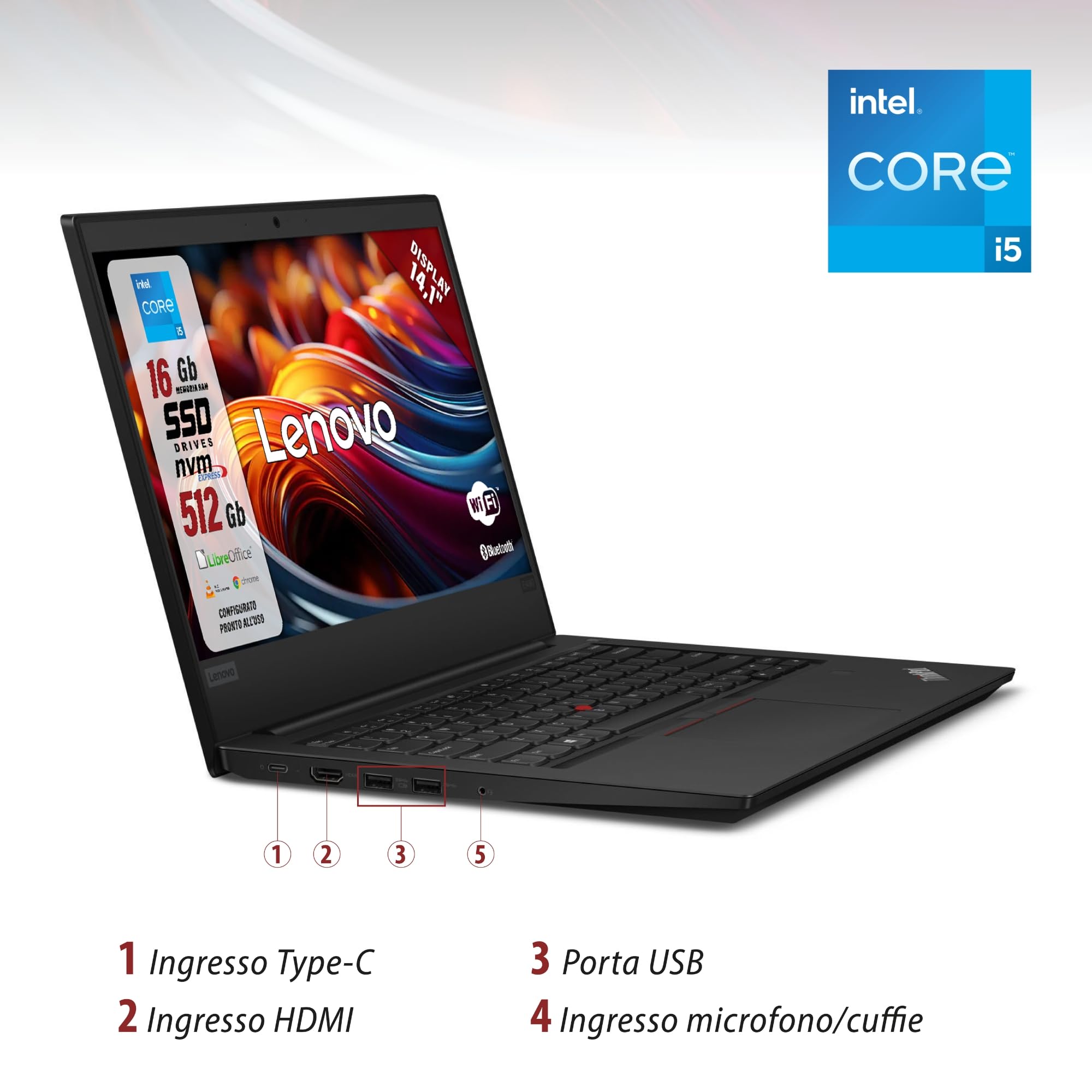 Lenovo ThinkPad, Pc Portatile Intel i5-8265u 4 Core 1.6Ghz, Ram 16Gb SSD 512Gb, Display 14.1" HD, Win 11, Notebook Pronto all'uso con Libre Office, Omaggio Chiavetta USB FingerPrint (Ricondizionato)