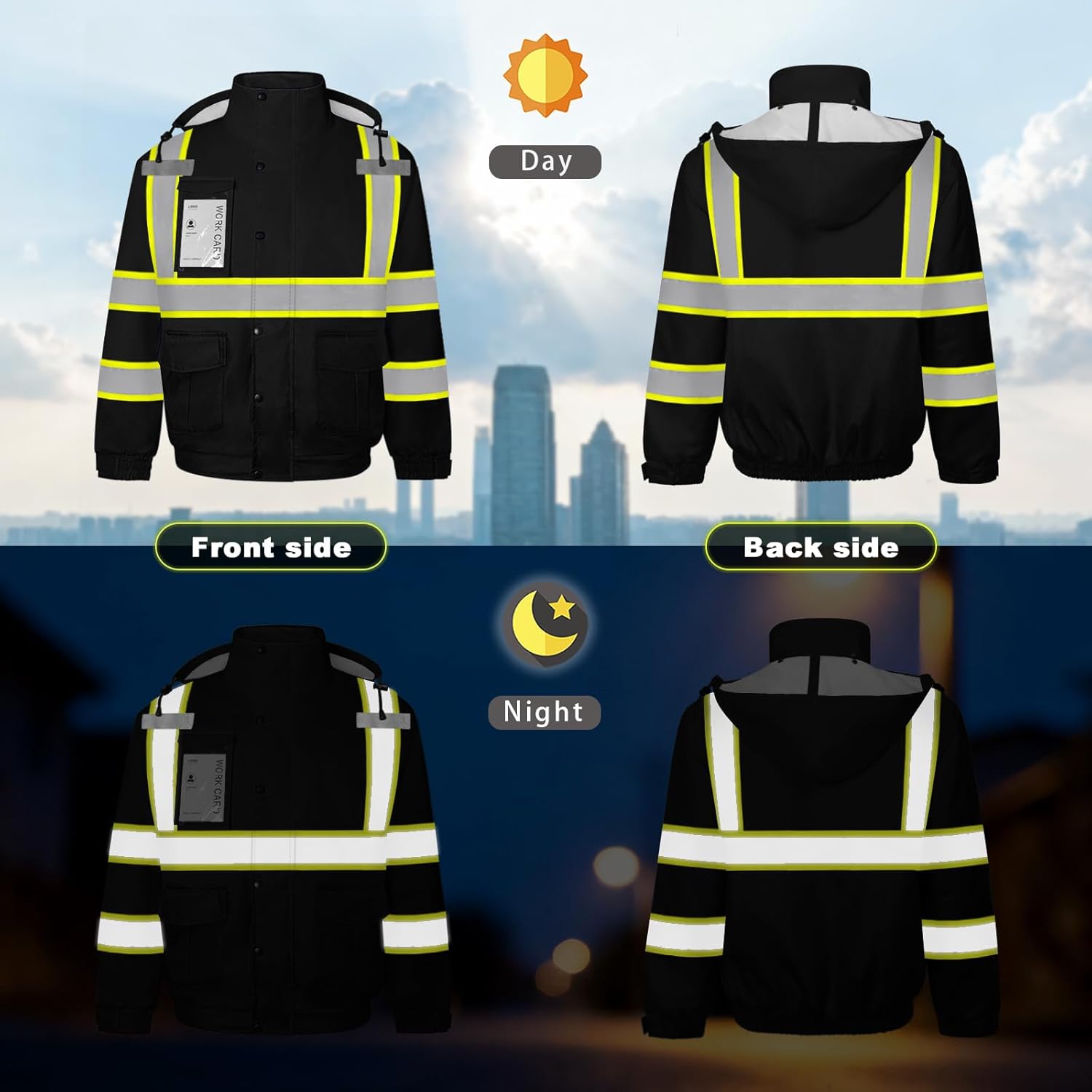 Waterproof Hi Vis Safety Jackets for Men, High Visibility Reflective Jacket with Pockets, Long Type Rain Coats for Winter Construction with Black Bottom, Class 3, DJK-Black X-Large - Image 3