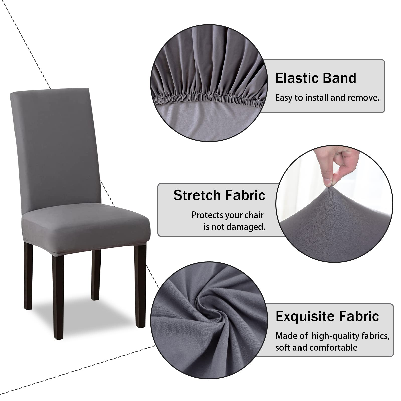 FIGOOO Coprisedie Elasticizzati con Schienale 6 Pezzi Coprisedia per Sala da Pranzo Spandex Fodera per Sedia da Cucina Universale Lavabile Decorazioni per la Casa Cucina(Grigio,6pcs)