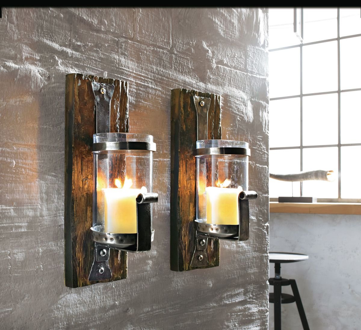Pureday Wall Candle Holder Wood Rustic Pine Wood Iron Brown