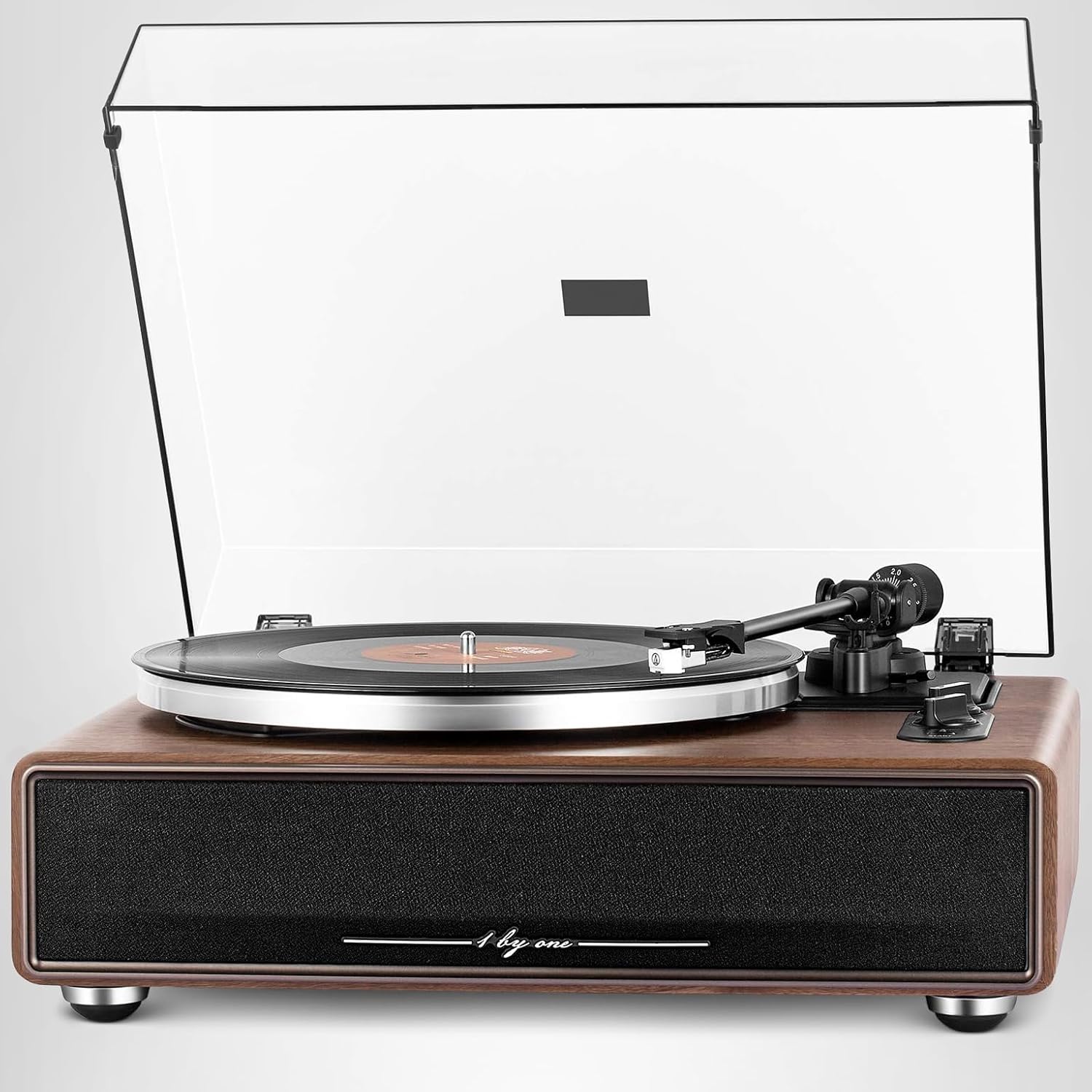 1 by ONE High Fidelity Belt Drive Turntable with Built-in Speakers, Vinyl Record Player with Magnetic Cartridge, Wireless Playback and Aux-in Functionality, Auto Off