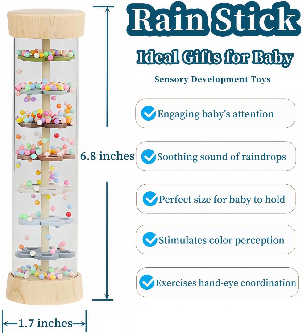 Oneshow Wooden Rain Stick Montessori Toys for Babies 36 Months, Rain Sticks for Kids, Baby Rattle Sensory Toy with Calming Rain Sounds, Toddler Educational Gifts for 3-Year-Olds - 6.8"