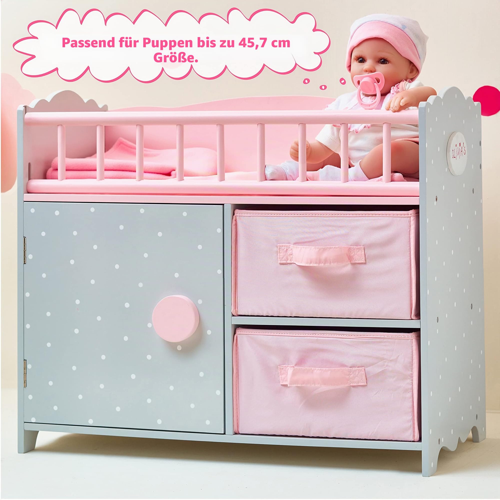 Olivias World 16 Zoll Babypuppen-Möbel Holz-Wickeltisch Storage TD-12390A