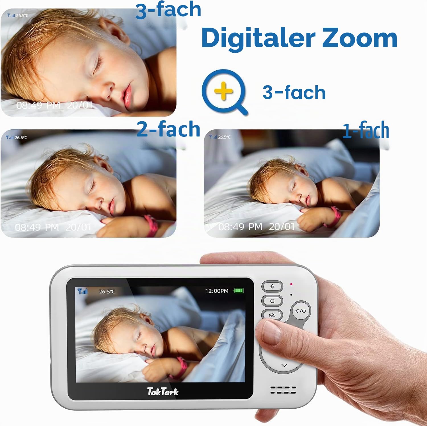 TakTark Babyphone mit Kamera, 4.3'' Babyfon mit Kamera und Audio mit Pan-Tilt 300° Rotation Video Baby Monitor mit VOX, Gegensprechfunktion, Nachtsicht, Temperatursensor und Keine störenden Lichter