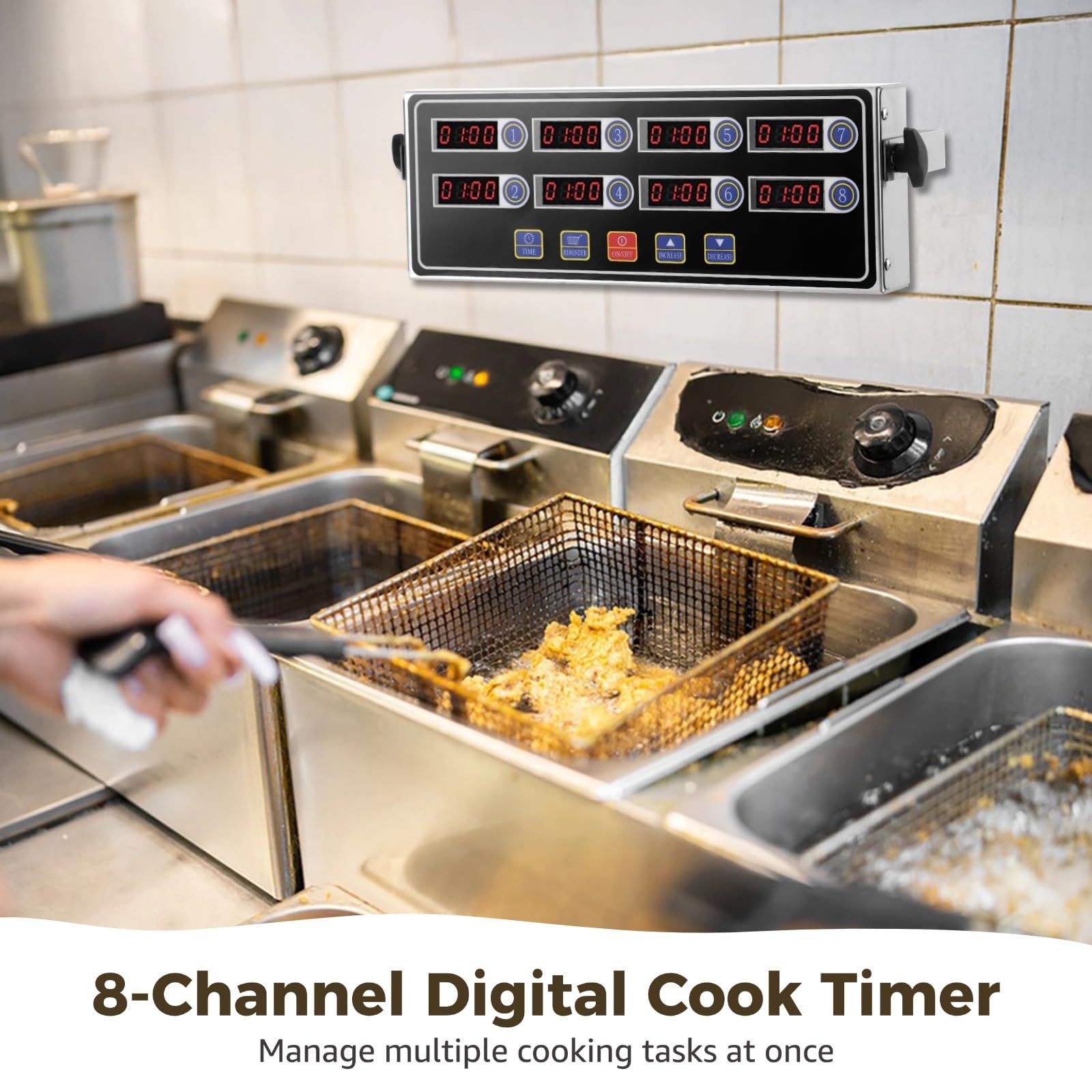 Temporizador digital de cocina de 8 canales, temporizador de cocina comercial de acero inoxidable con pantalla LED grande y alarma fuerte, cuenta regresiva precisa multitarea para restaurantes, 11.8 x