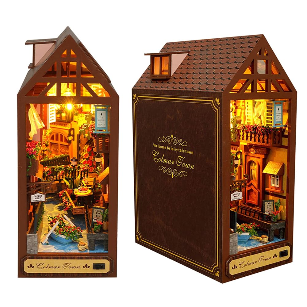 DIY Book Nook Kit 3D Wooden Book Stand Puzzle DIY Dollhouse Wood Bookends Miniature Dolls house with LED Light for Adults Creative Gifts — image 1