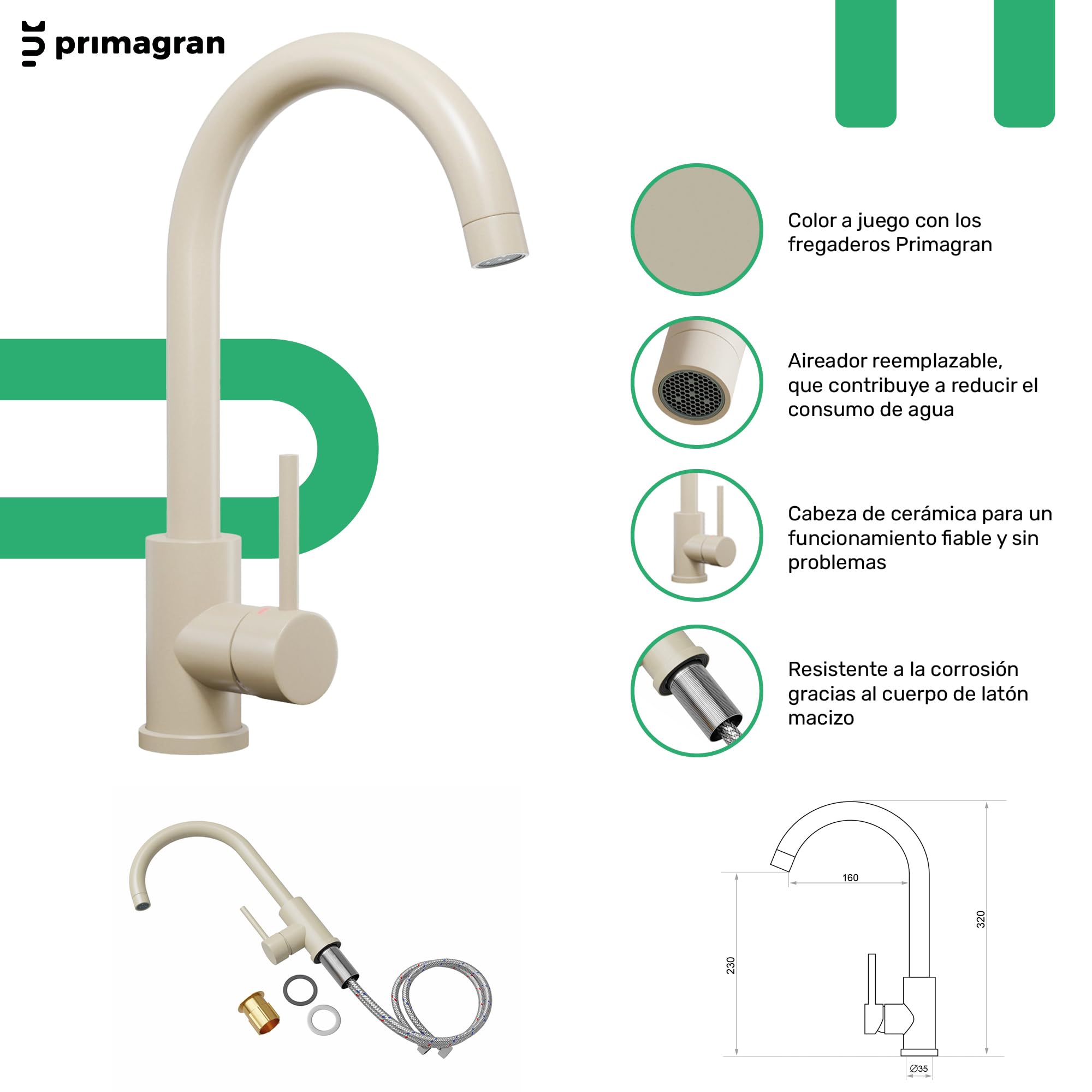 PRIMAGRAN Fregadero Granito Todo Beige - Riga, 28x50cm | Cocina 1 Seno + Grifo 32x20cm + Set de accesorios, sobre Encimera al Mueble 30cm (S018)