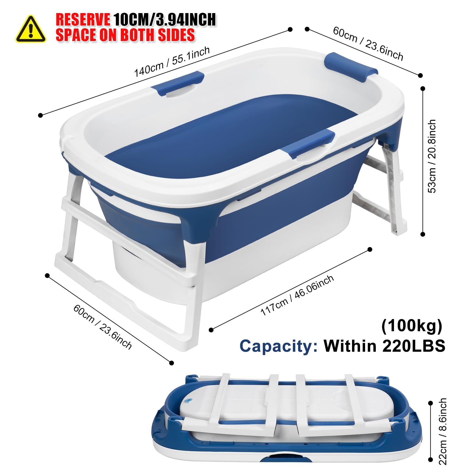 Przenośna wanna dla dorosłych, 140 cm, wolnostojąca, składana, składana wanna, prysznic do gorącej kąpieli, kąpieli lodowej, relaksująca wanna, idealna do małych przestrzeni, bez pokrywy