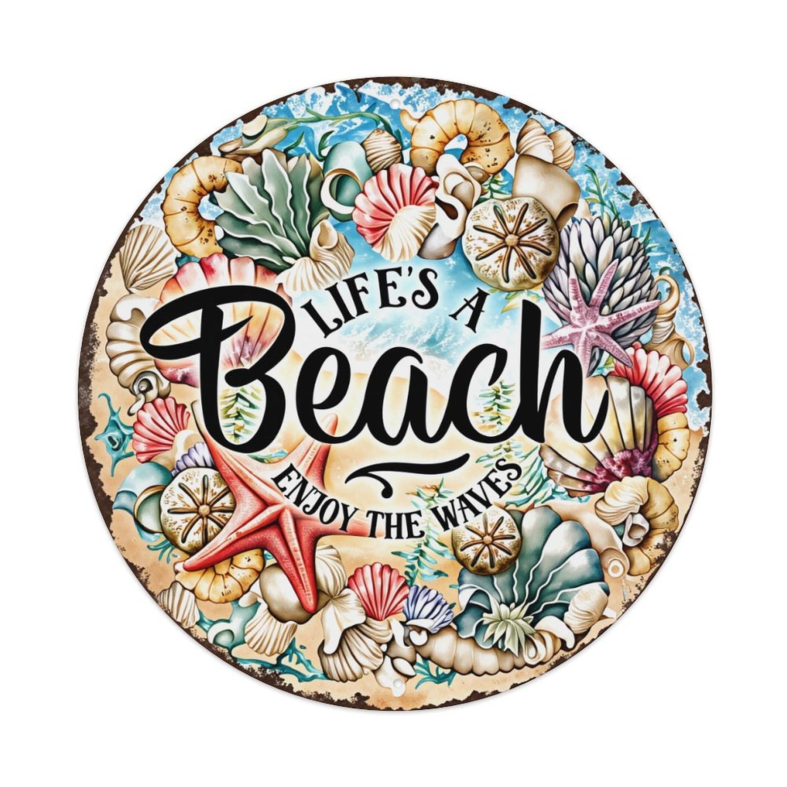Life's A Beach Enjoy The Waves Round Tin Sign Vintage Metal Poster, Home Bar Garage Man Cave Cafe Indoor & Outdoor Wall Decoration 8x8Inches