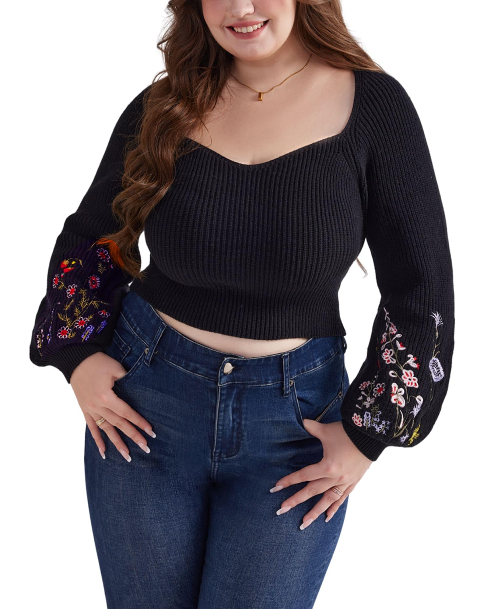 Plus Size Cropped Sweater for Curvy Women Oversized V Neck Lantern Sleeves Ribbed Knit Sweaters Long Sleeve Sweater