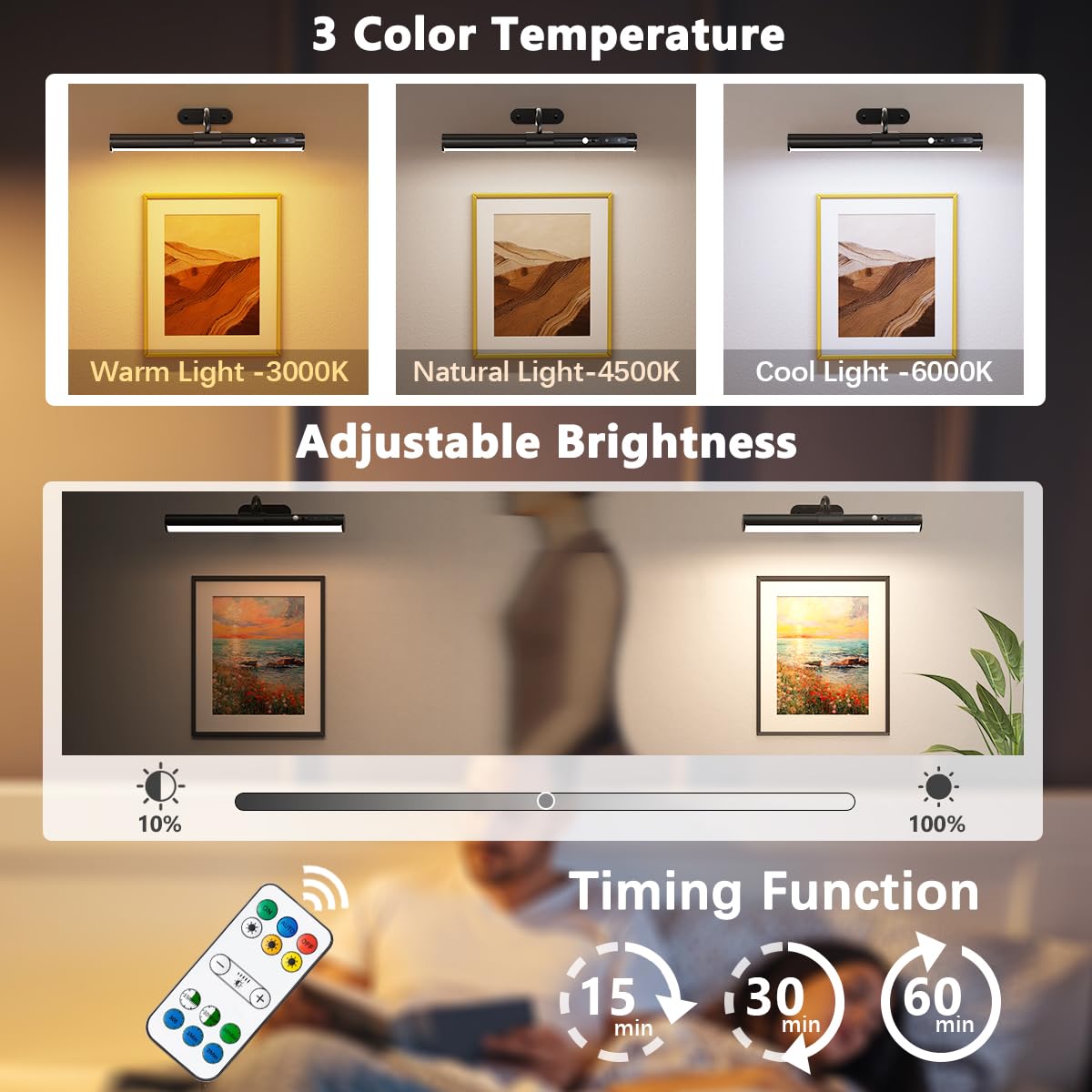 Lamparas pared sin cable con sensor movimiento, 4000mAh recargable aplique a pilas sin electricidad, luz cuadros inalambrico con mando, luces LED bateria para espejo baño, cuadro, interior