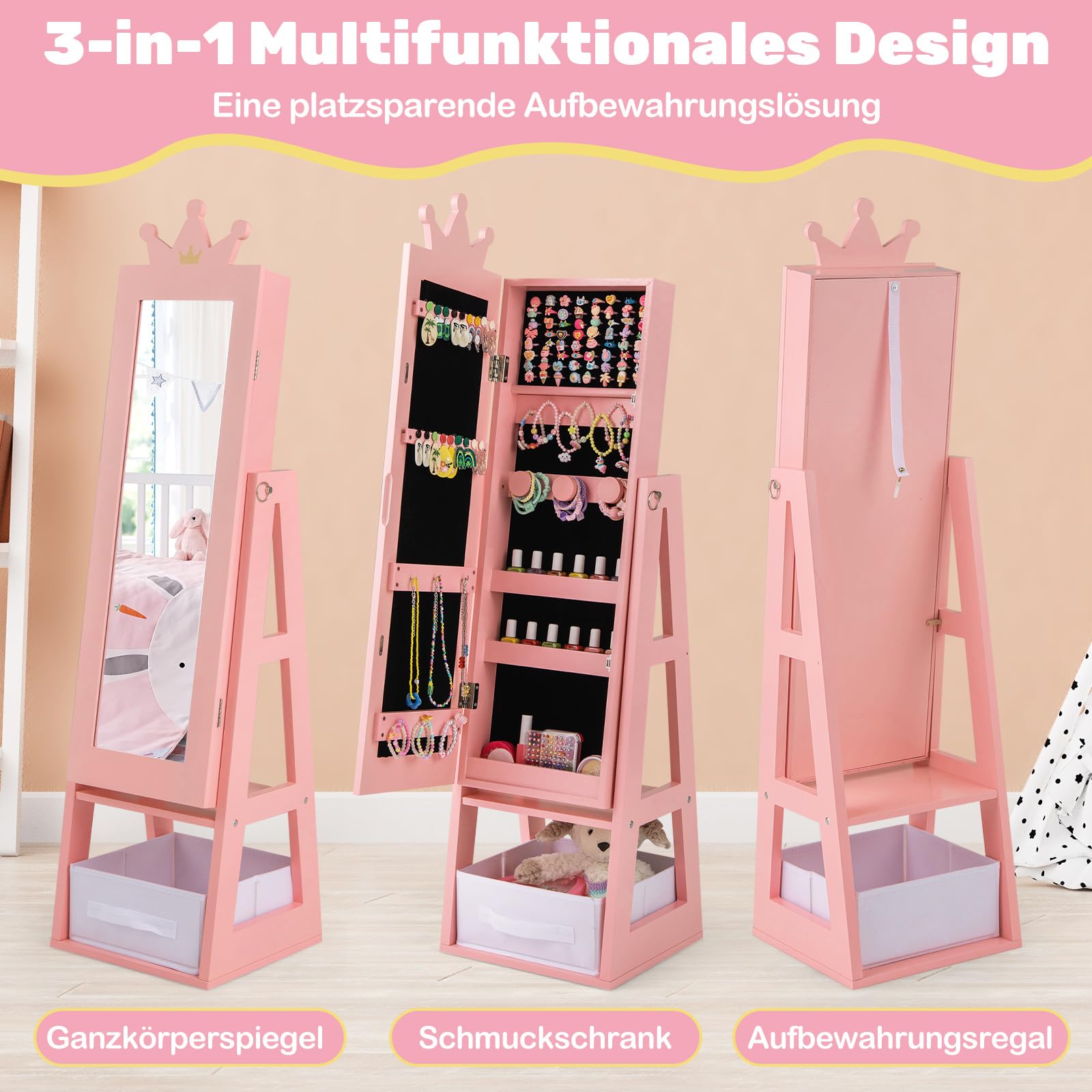 COSTWAY Kinder Schmuckschrank, 3 in 1 Spiegelschrank neigbar mit Ganzkörperspiegel & Aufbewahrungskorb, Schmuck-Organizer in Kronenform für Kinder ab 3 Jahren (Rosa)