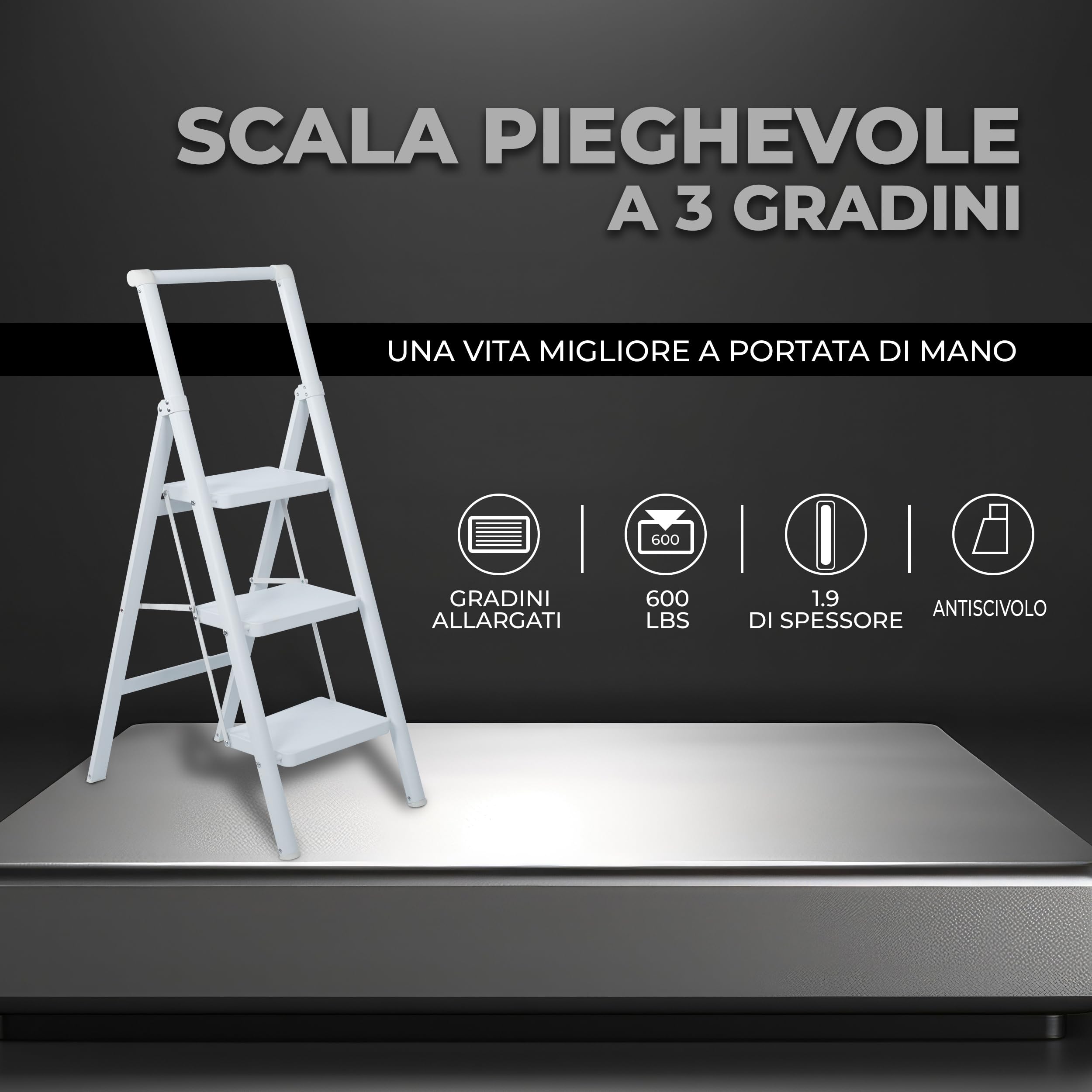 UZIRO Scaletta Pieghevole 3 Gradini in Acciaio, Scala Compatta con Gradini Larghi Antiscivolo, Facile da Riporre, per Casa, Cucina e Ufficio
