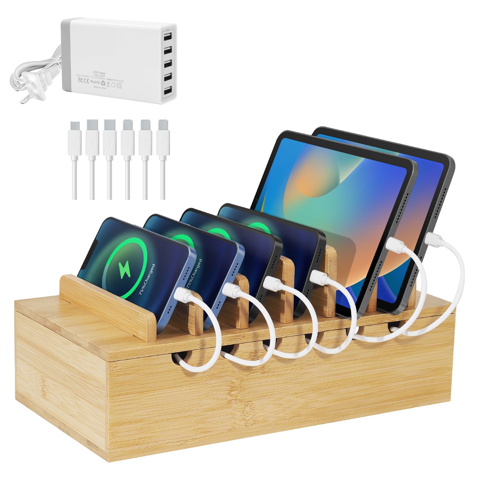 Bamboo Charging Station for Multiple Devices (Includes Port USB Charger,  x Charge Cables), Upgrade Desk Docking Stations Organizer for iPhone
