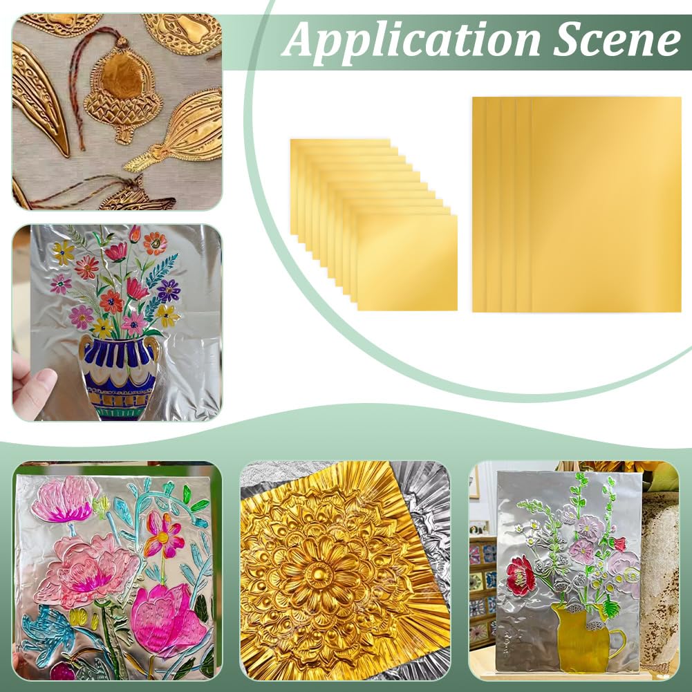 UNICRAFTALE 15 hojas de papel de aluminio dorado para grabar en relieve de 0,2 mm de grosor, kit de grabado en relieve con 5 herramientas de mango de madera, alambre de metal, diamantes de imitación