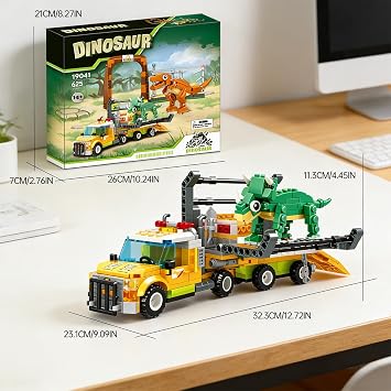 Dinosaur World Building Sets 625 Pcs Transport Truck & Park Gate Kit with T-Rex & Triceratops Figures Dino Breakout Scene Construction Set for Adults (Compatible with Major Brands)