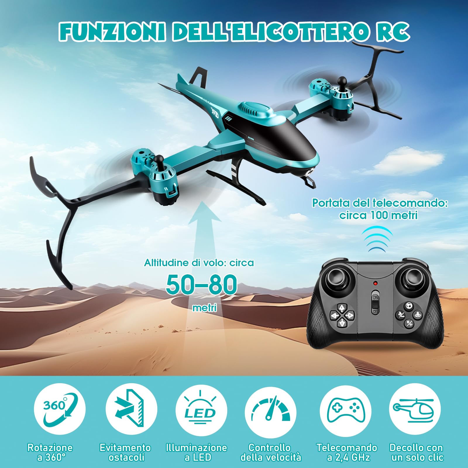 PATEMZON Elicottero Telecomandato, 2.4GHz RC Aereo Giocattoli con Luce Led e Volo Notturno, Rotazione A 360°, Involucro Pieghevole, Evitamento Ostacoli, Regalo per Ragazzo Ragazze dai 3+ Anni (Verde)