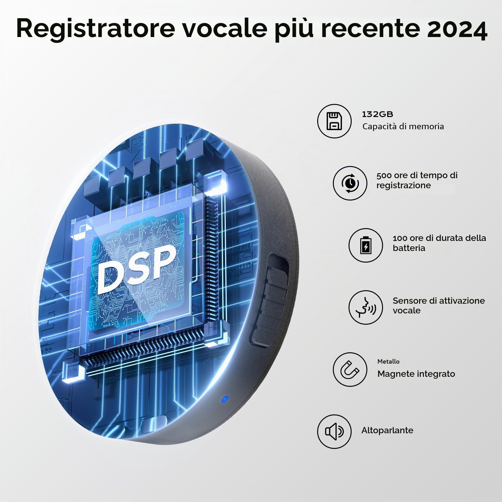 Registratore vocale con controllo vocale, Elasound 132G (9800 ore) con tripla riduzione del rumore intelligente, registratore audio portatile per lavoro, letture,