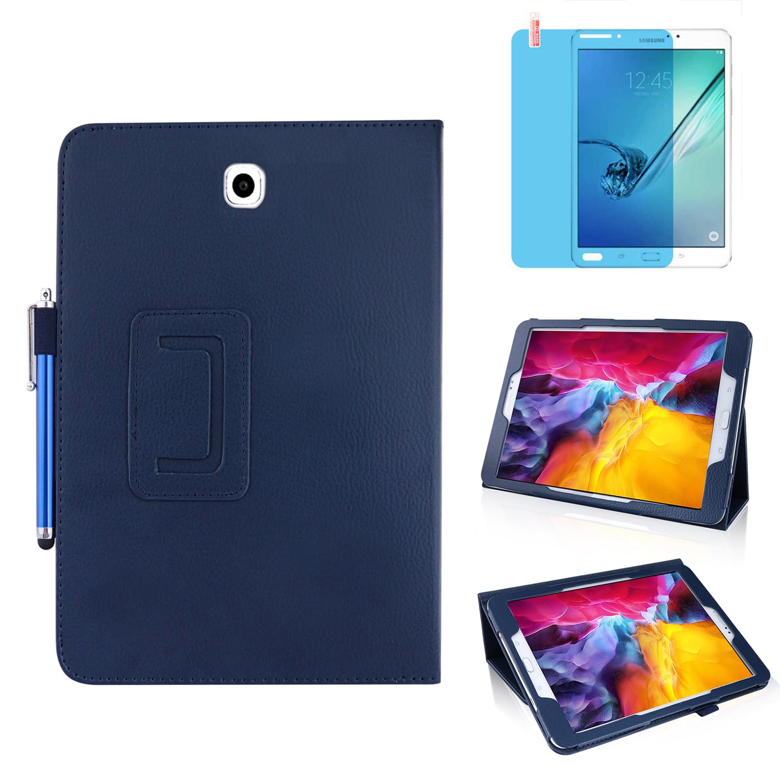 Slim Leather Case for Samsung Galaxy Tab S2 8.0 Inch 2015 (SM-T710 T713 T715 T719), Multi-Angle Stand Full-Protective Tablet Cover Book Case with Stylus Pen,Screen Film (Blue)