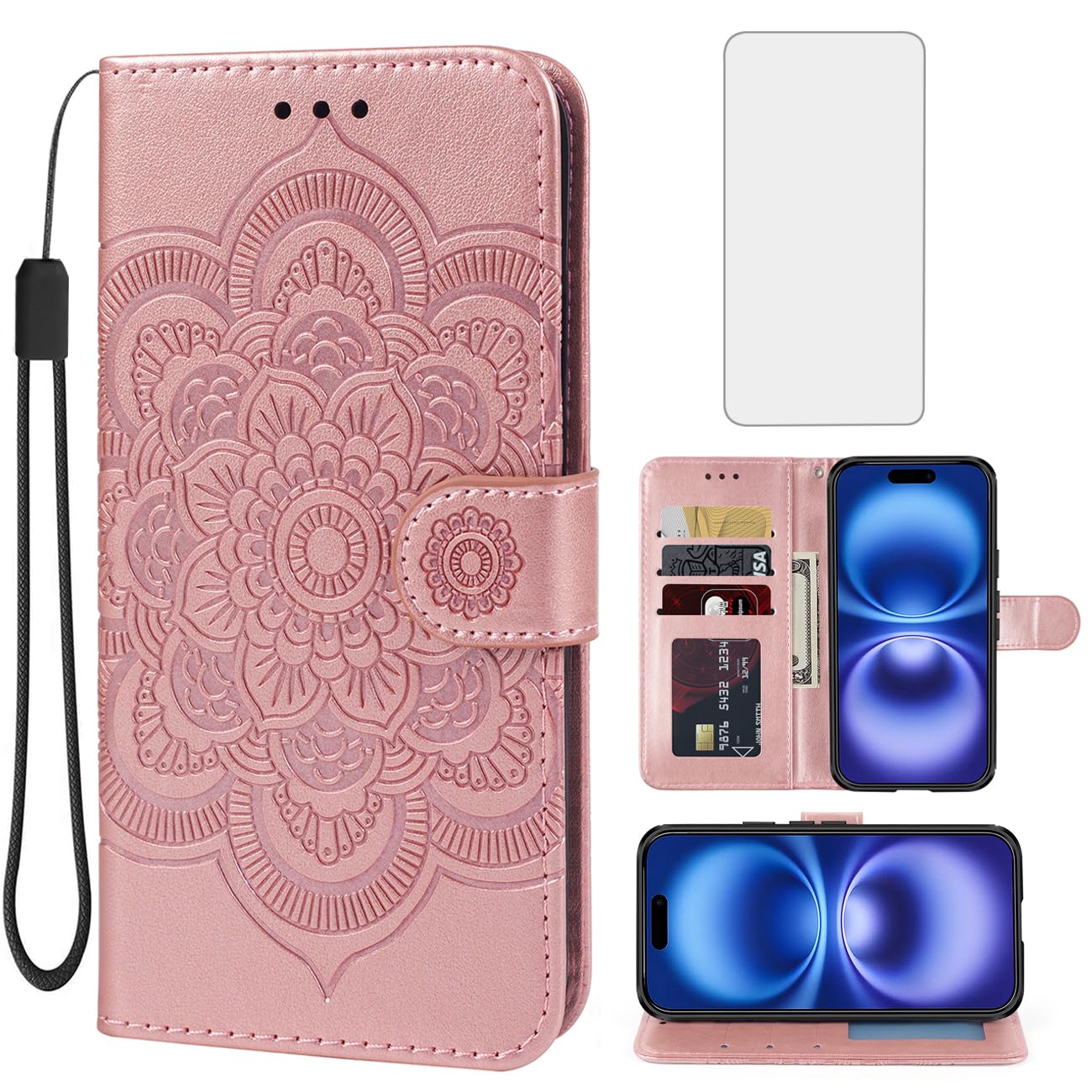 Bohefo Case for iPhone 16 Wallet Case with Tempered Glass Screen Protector, Mandala Leather Flip Credit Card Holder Stand Phone Cover Cases for iPhone