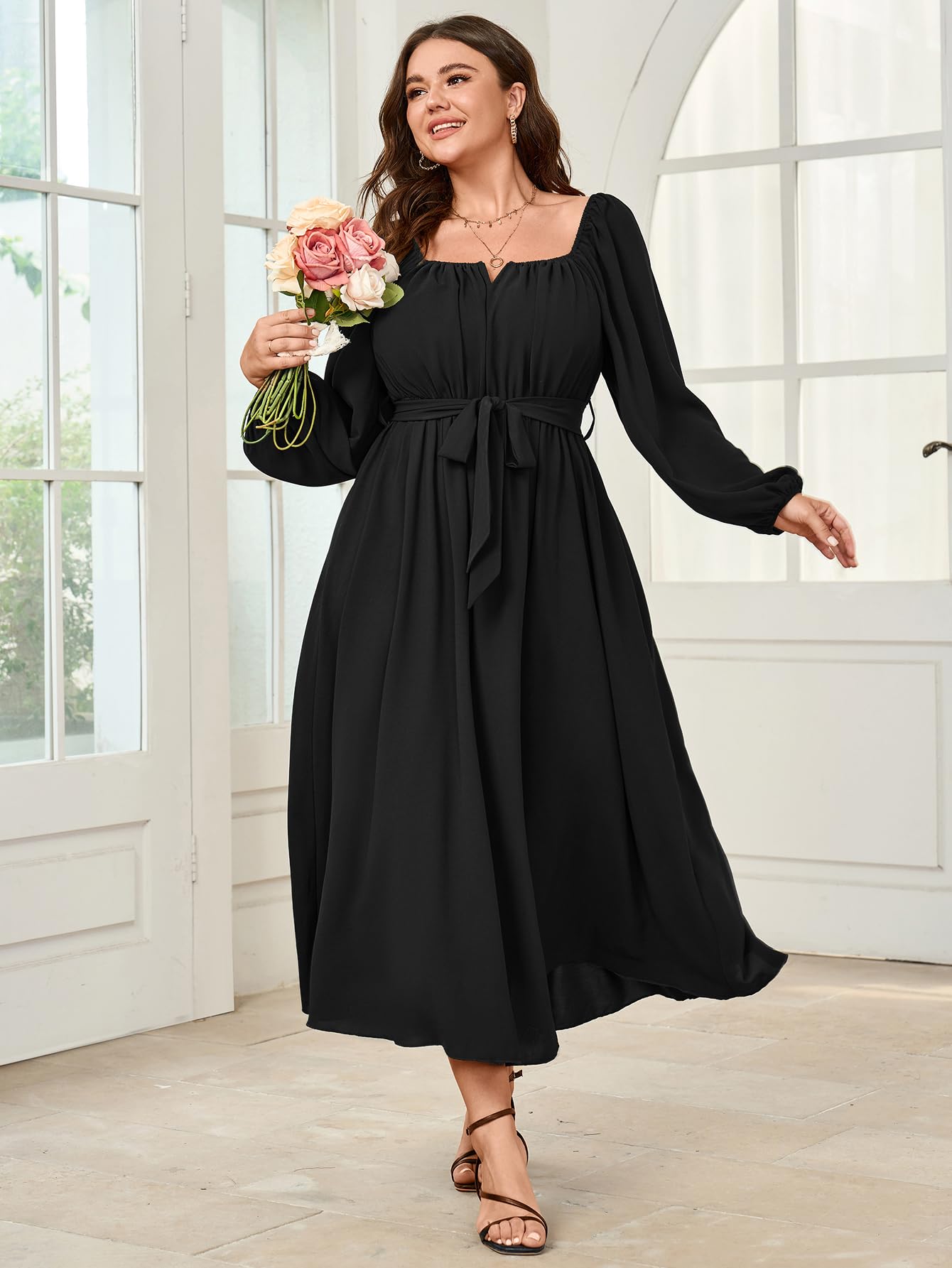 SCOMCHIC Women Plus Size Maxi Dress Long Sleeve Square Neck Wedding Guest Cocktail Belted Elegant Flowy A Line Long Dresses