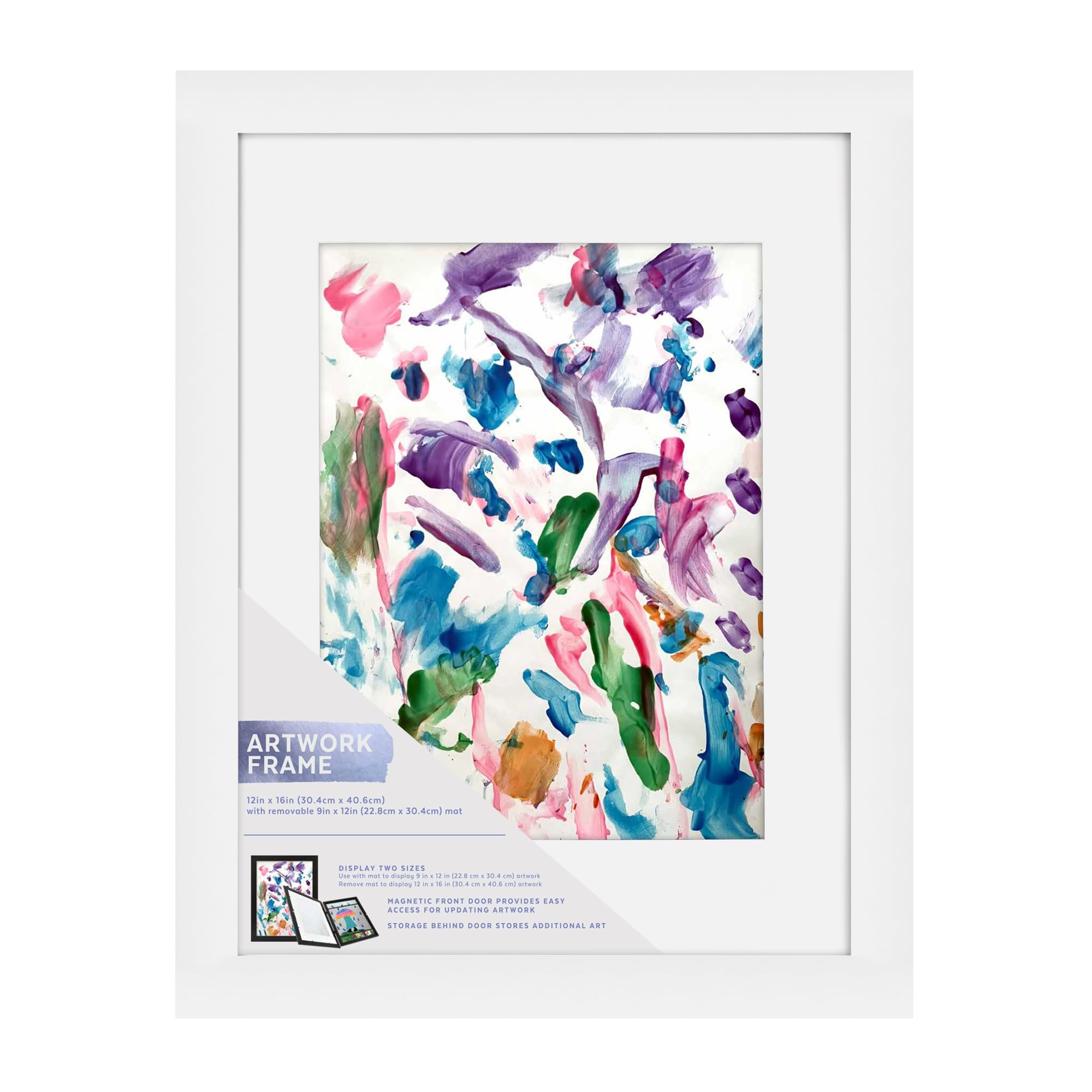 MCS Kids' Artwork Frame, Changeable Magnetic Picture Frame with Storage for Children's Art, 12 x 16 Inch with 9 x 12 Inch Mat, White