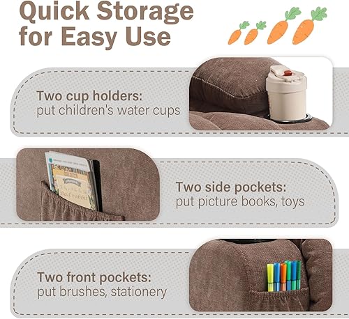 Miniatura 6 de BOSMILLER Silla reclinable para niños, sillón reclinable con respaldo para tazas y bolsillos laterales, reposapiés ajustable y reposacabezas para