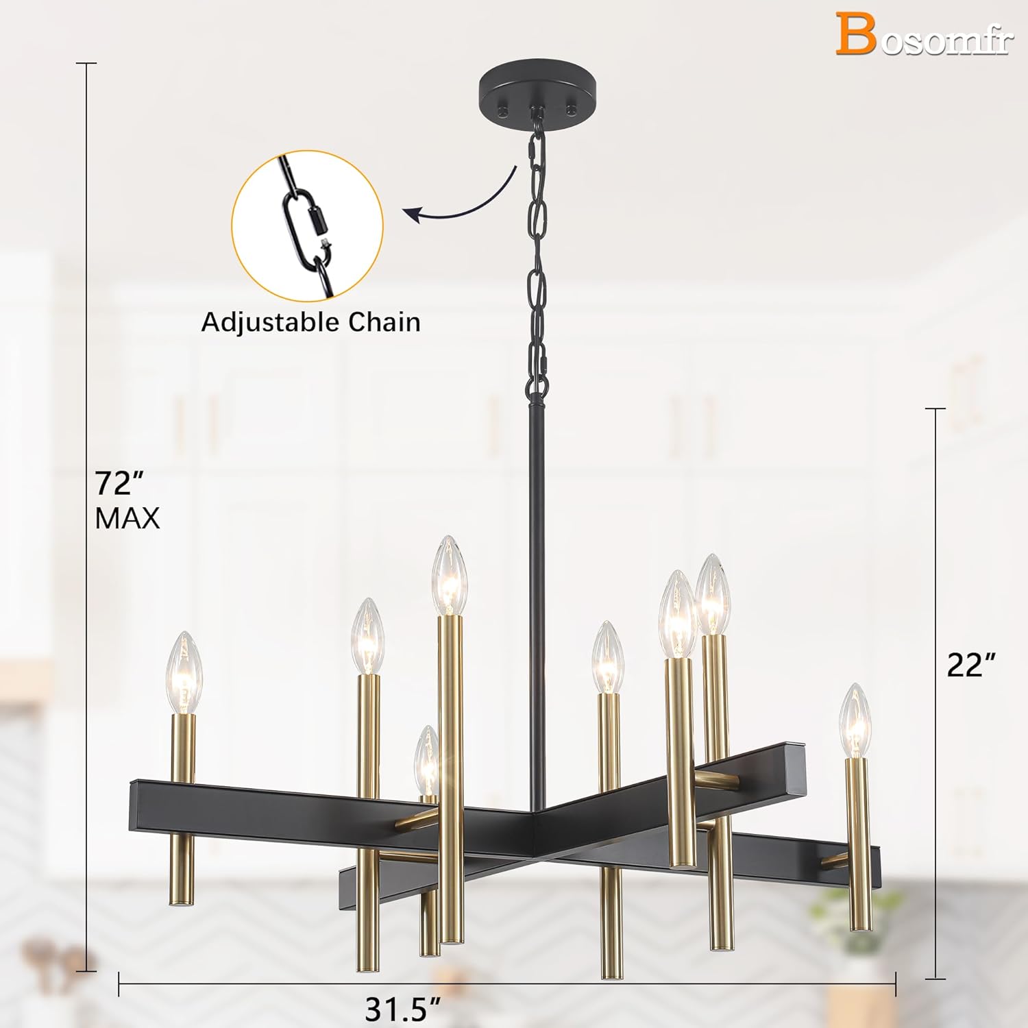 31.5'' Black and Gold Large Chandelier 8-Light for Living Room, Modern Dimmable Industrial Kitchen Table Chandeliers, Metal Hanging Light Fixture for Dining Room Entryway Foyer Stairway
