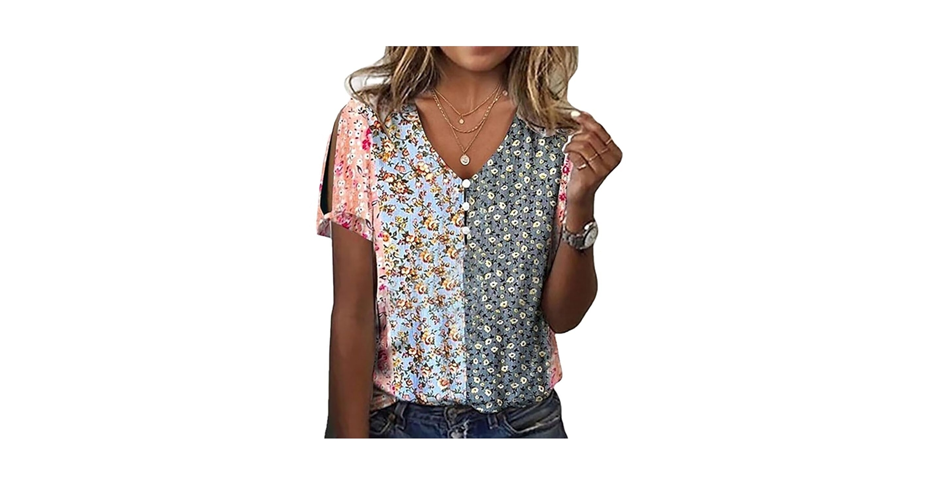 Womens Tops Boho Vintage Floral Tops Plus Size Cold Shoulder