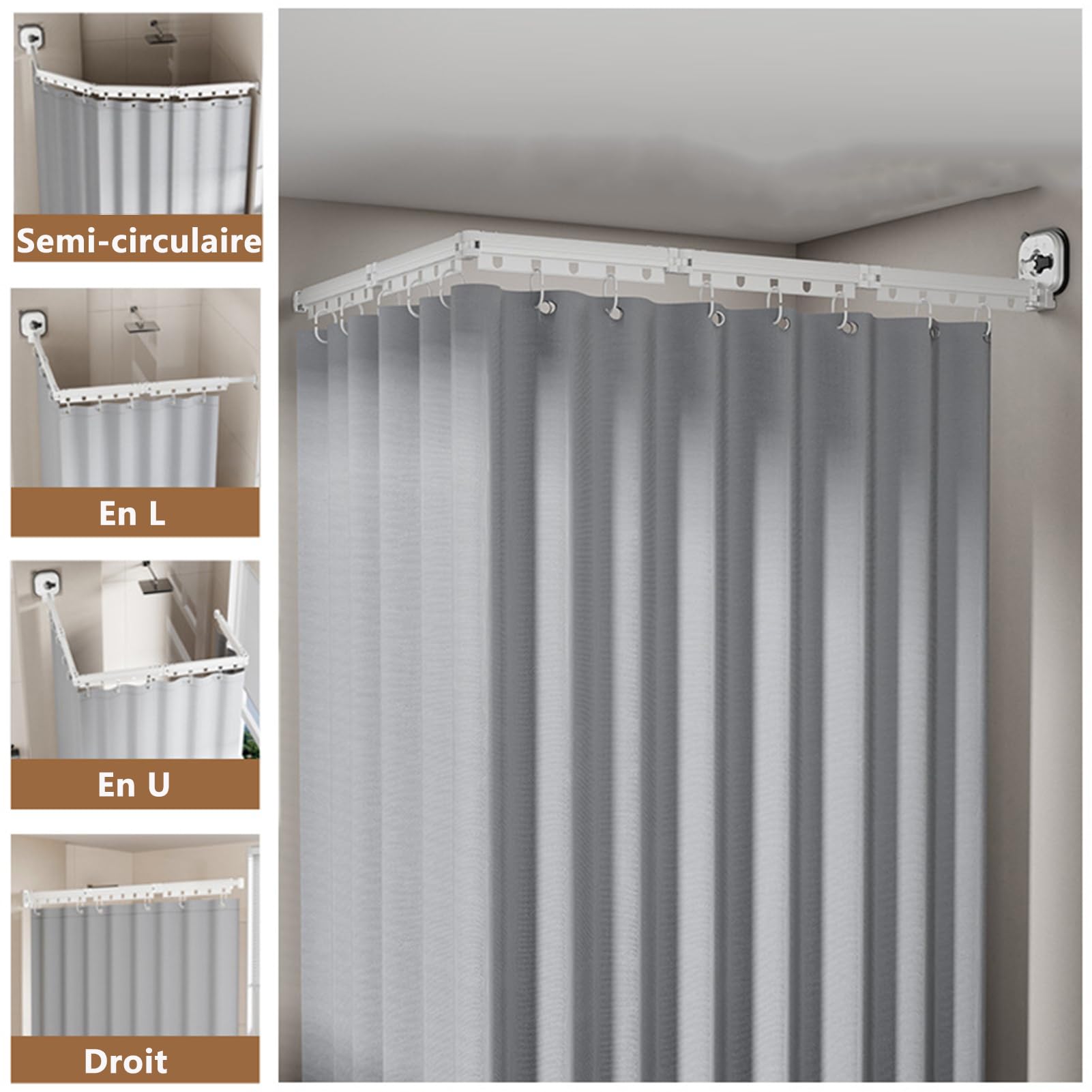 Barre De Douche Pliable, Tringle À Angle Réglable Extensible Avec Anneaux et Ventouses, De Douche Pour Salle De Bain et Baignoire, Sans Perçage (Blanc, 4-fold)