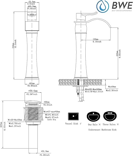 Miniatura 6 de BWE Grifo de baño negro cascada para fregadero, 1 agujero, mango único con tapón de drenaje desplegable y mangueras de suministro, piezas de granja,