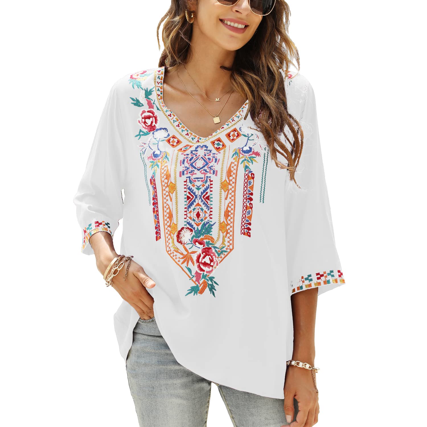 Seasonal Maglietta Estiva da Donna con Ricamo, Camicia Ricamata, Scollo a V, Maniche a 3/4, Top a Tunica, da Donna