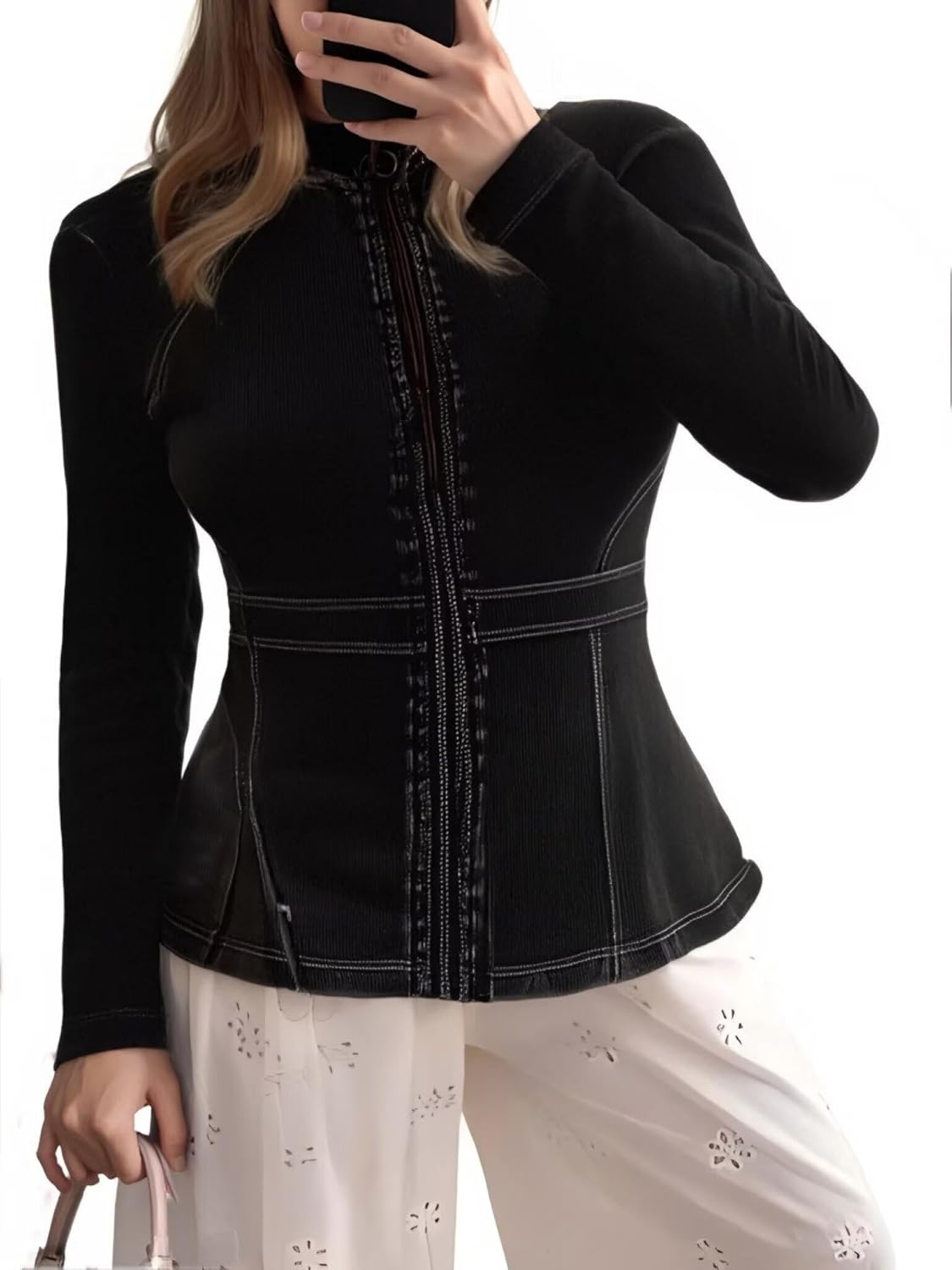 Casual Denim Peplum Jacket for Women Long Sleeve Zip Front Athletic Workout Ruffle Blazer Coats - Image 2