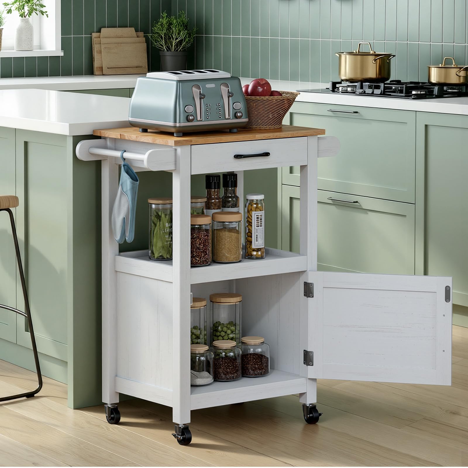 Bonnlo Carrello Cucina Mobile, Carrello Portaoggetti con Ruote, Cassetto e Armadietto, Piano di Lavoro in Legno, Bianco, Carrello Servizio per Sala da Pranzo, 74 x 63 x 89 cm