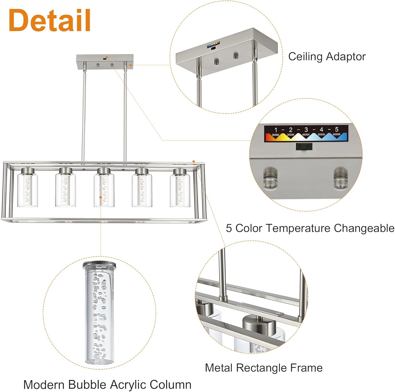 VINLUZ LED Linear Chandeliers Farmhouse Rectangle Pendant 5 Light with Clear Glass and Crystal Bulb,Black Modern Dining Room Lighting Industrial Kitchen Island Foyer Light Fixture Hanging