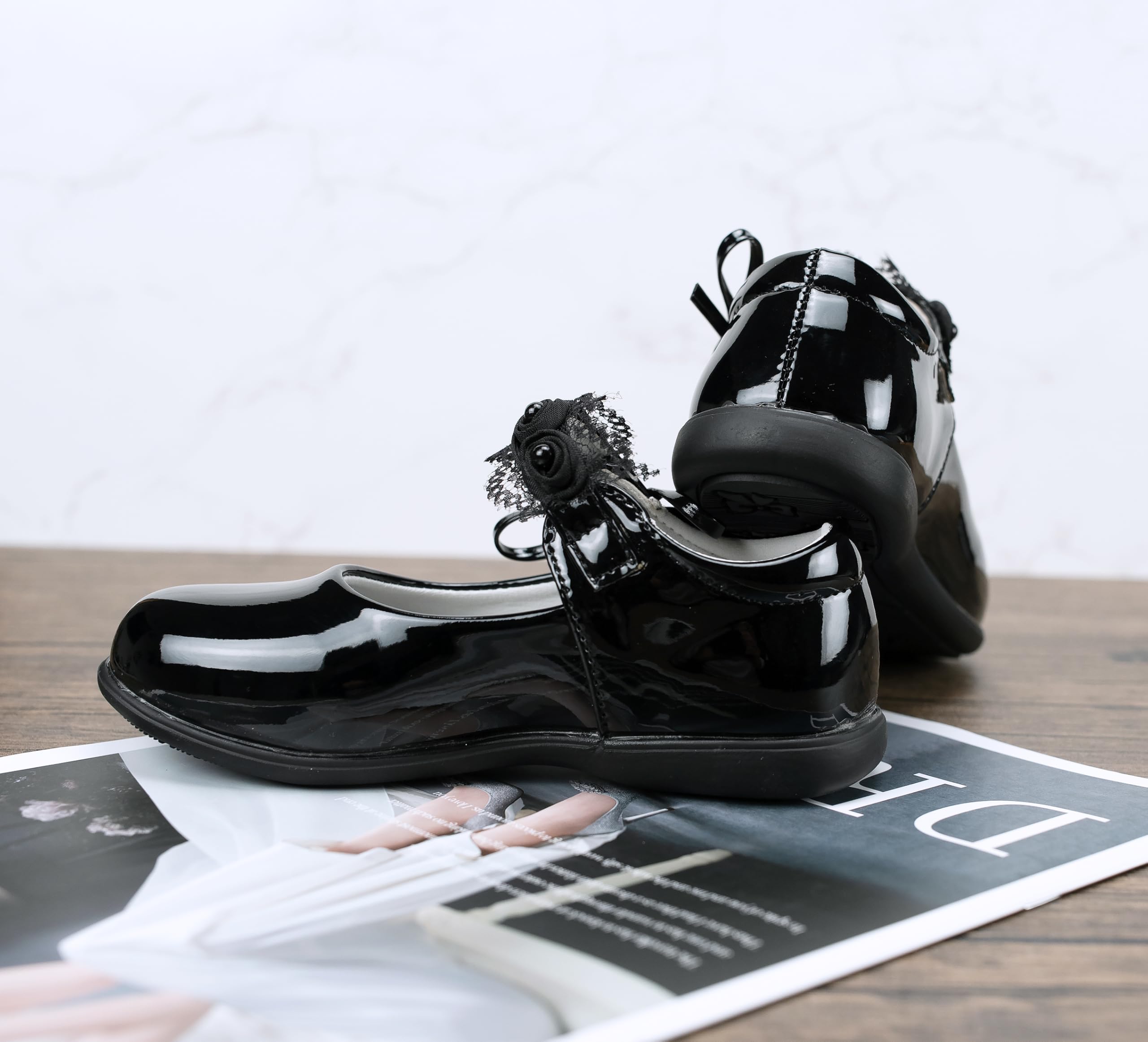 Scarpe Mary Jane Eleganti per Ragazze Scarpe Ballerine Basse con Fiocco Pizzo Bianche e Nere per Matrimonio, Festa, attività, Scuola