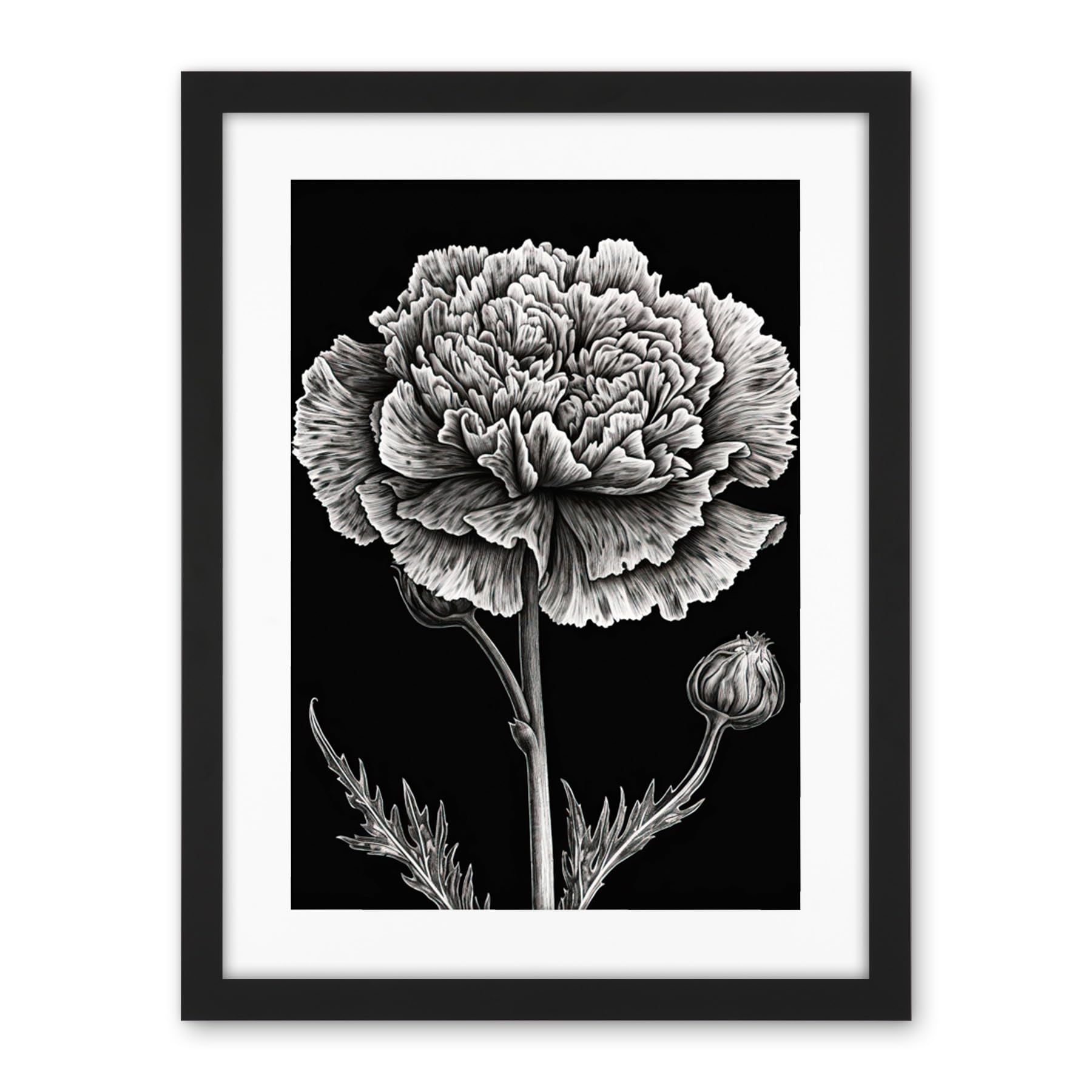 Artery8 Black and White Linocut Carnation Flower Print Artwork Framed Wall Art Print 18X24 Inch