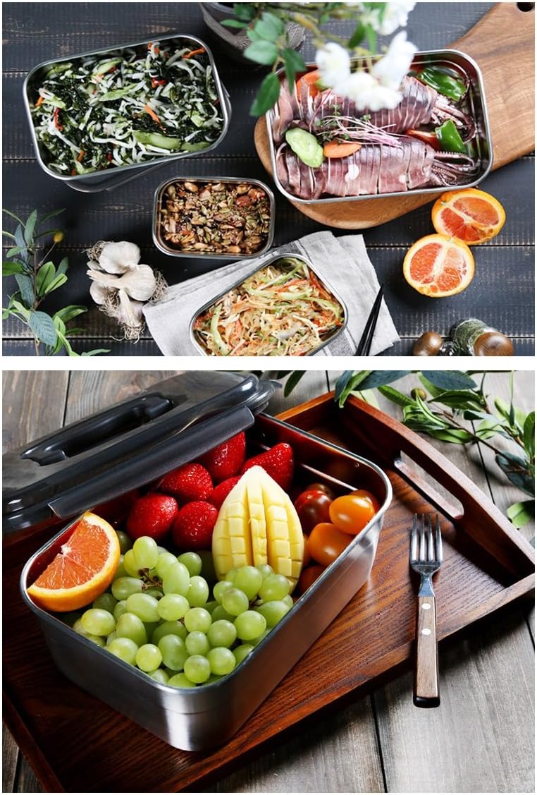 STENCOC Stainless Steel BPA Free Rectangular Leakproof Airtight Kimchi/Pickle/Salad/Fruit/Food Storage Container Saver (1.5L / 51oz / 8.3") Half-Transparent Lid Stackable