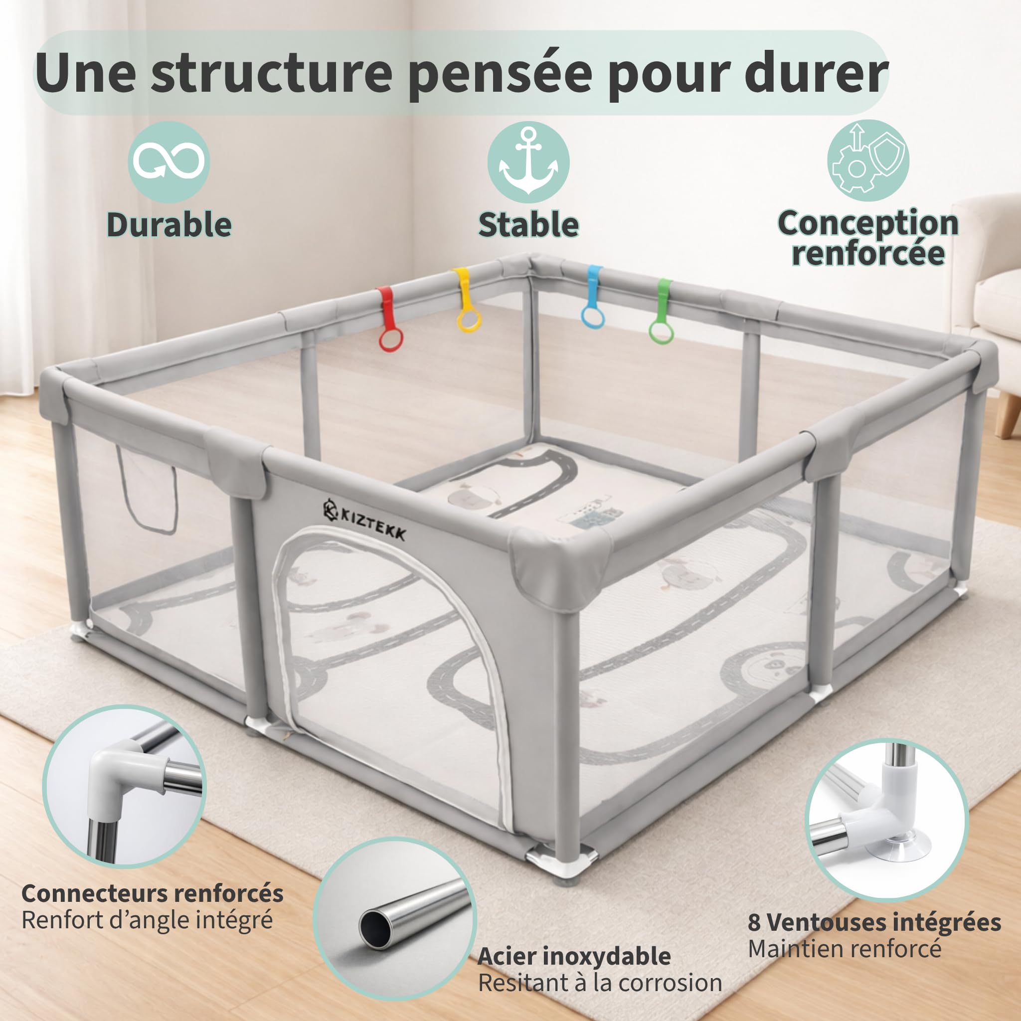 Parc Bebe 150x150 cm - Parc Bebe avec Tapis de Sol Pliable - Grand Espace Sécurisé - Protection Renforcée - Visibilité 360° - 2 Sacs de Rangement Inclus - 4 Anneaux de Soutien