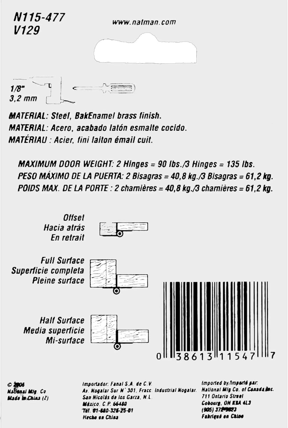 Screen & Storm Door Hinge, Brass