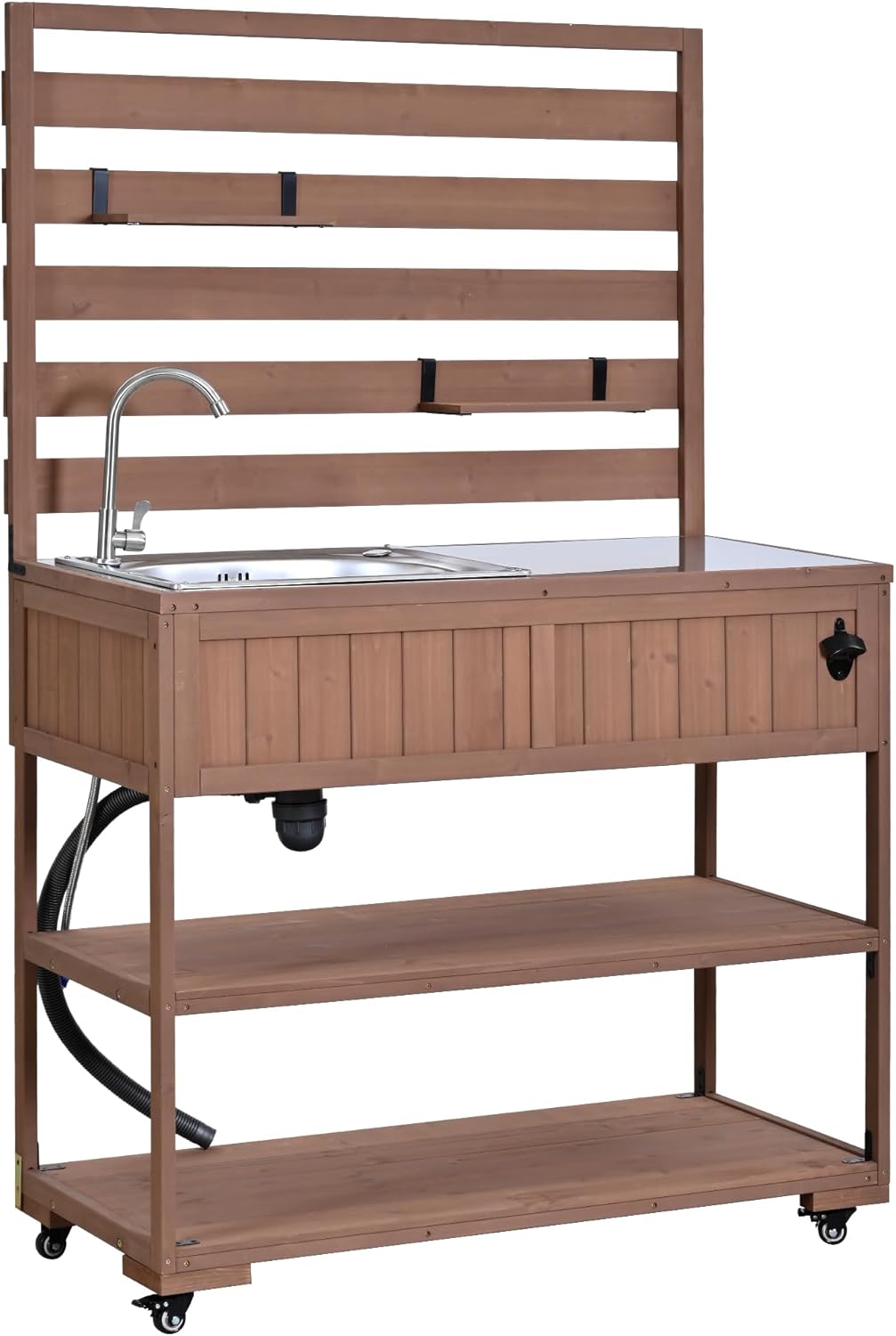 41.7" W Outdoor Kitchen Island with Stainless Steel Top, Garden Potting Bench with Sink, Rolling Grill Cart with 2 Movable Shelves, 1 Bottle Opener for Gardening, Grilling, Brown