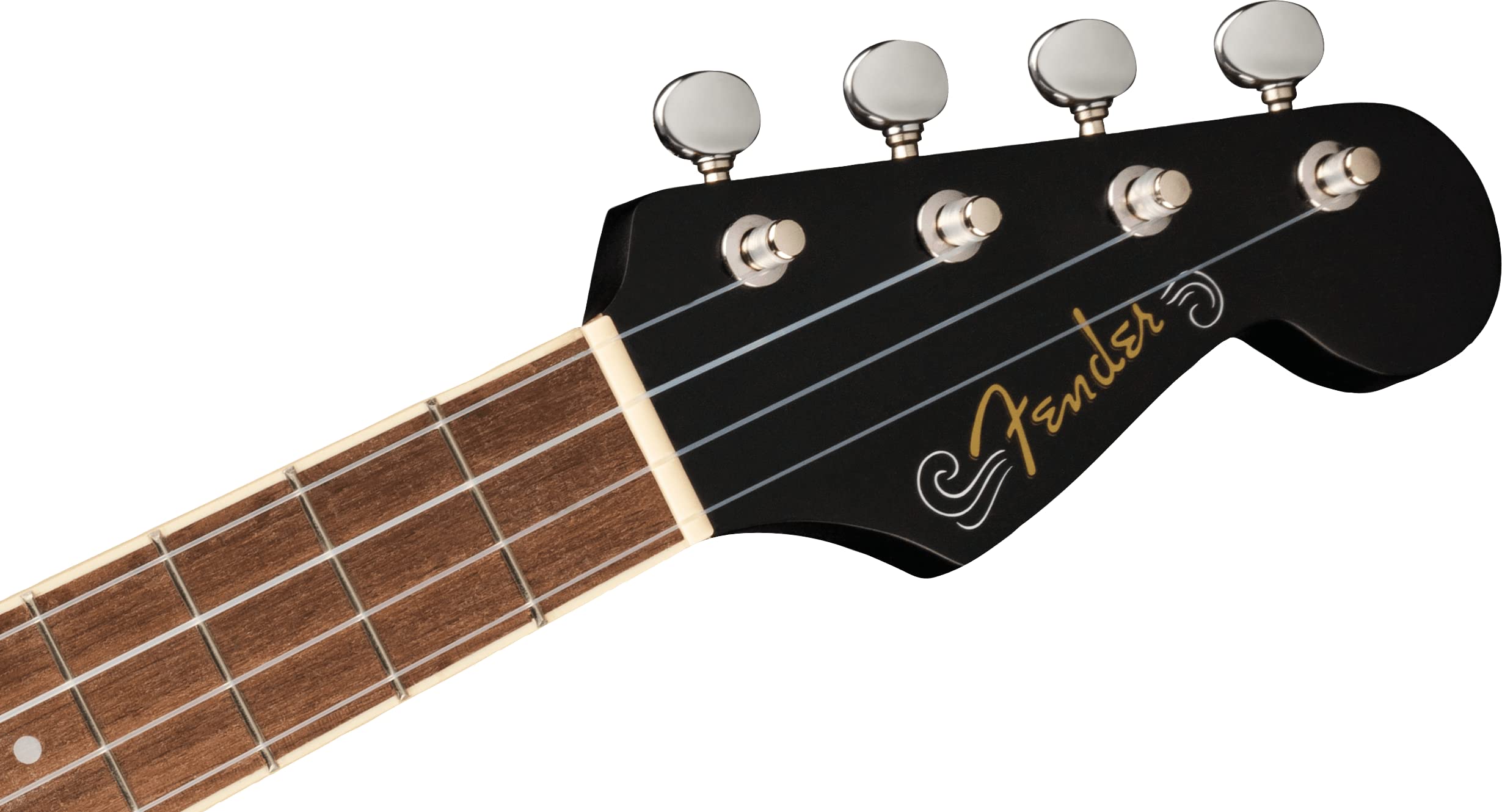 Fender Avalon Tenor-Ukulele für Erwachsene und Kinder, Eschenholz-Konstruktion, Walnuss-Griffbrett, Klassischer Fender Stratocaster Kopf, in Schwarz