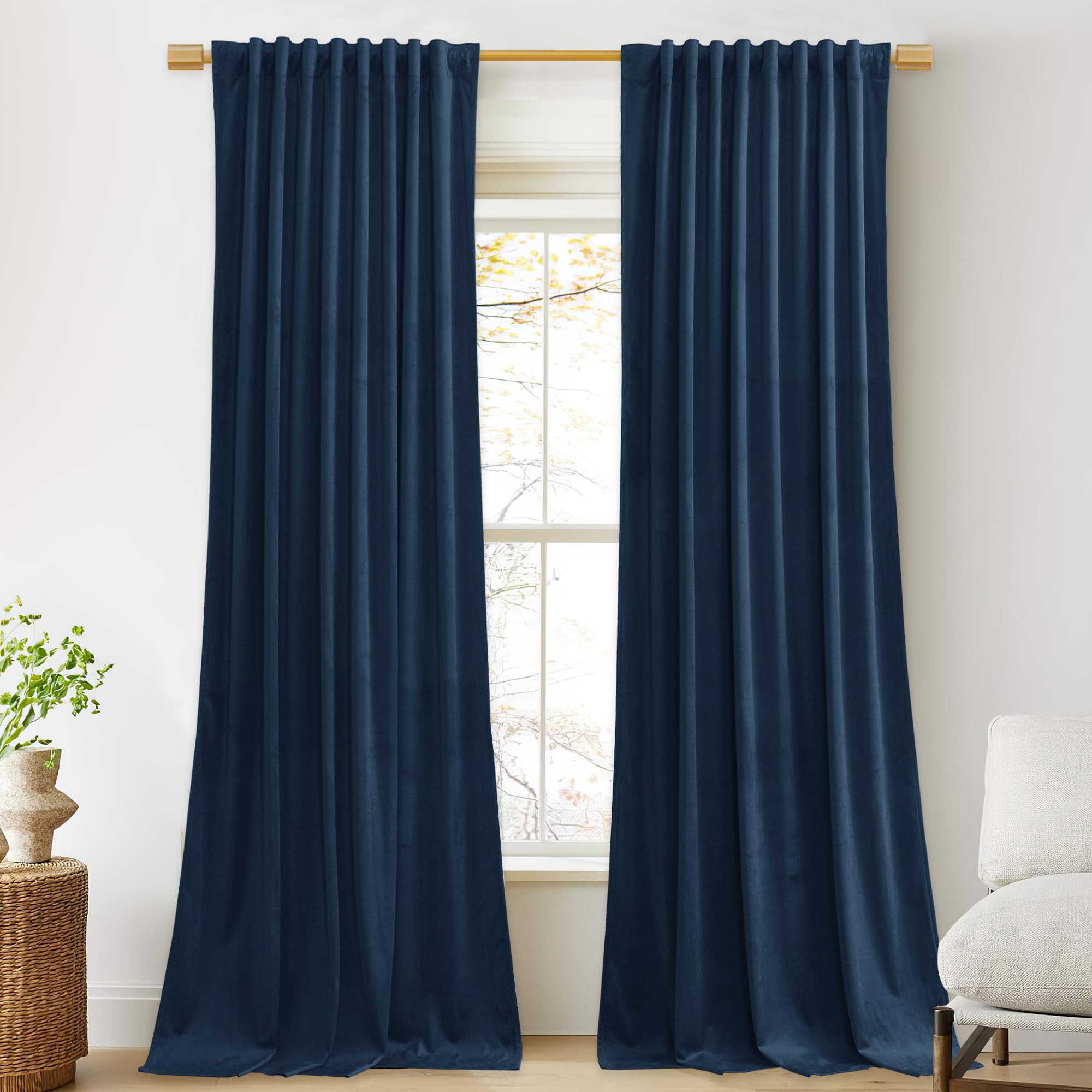 StangH Blue Curtains 102 inches Long Super Soft Velvet Blackout Thermal Insulated Bedroom Drapes Back Tab for French Sliding Door/Living Room, Navy