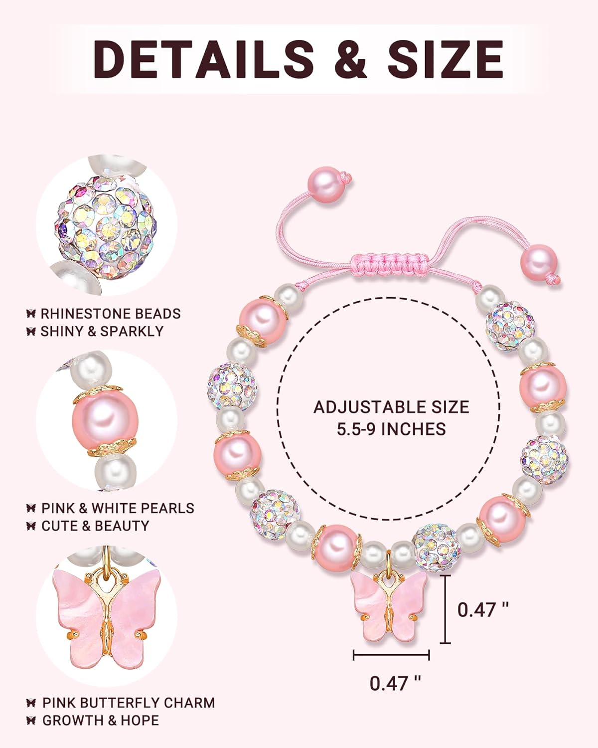 Happy 8th/9th/10th Birthday Gift for Girls – Pink Beaded Butterfly Bracelet for Daughter, Granddaughter, Niece or Best Friend - Image 4