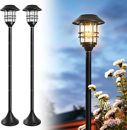 PASAMIC Paquete de 2 luces solares de 63 pulgadas para exteriores, impermeables, alimentadas por energía solar, luces de calle vintage para patio,