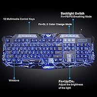 Vista 5 de BlueFinger Teclado y mouse para juegos, mouse y teclado retroiluminado con cable USB, letras brillantes, retroiluminadas de 3 colores, juego