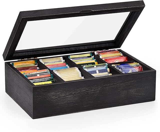 Alsonerbay Tea Box Organiser, Wooden Kitchen Tea Bag Storage Box for Organizing Spice Pouches and Sugar Packets with 8 Compartments and Clear Glass Cover Weathered Black