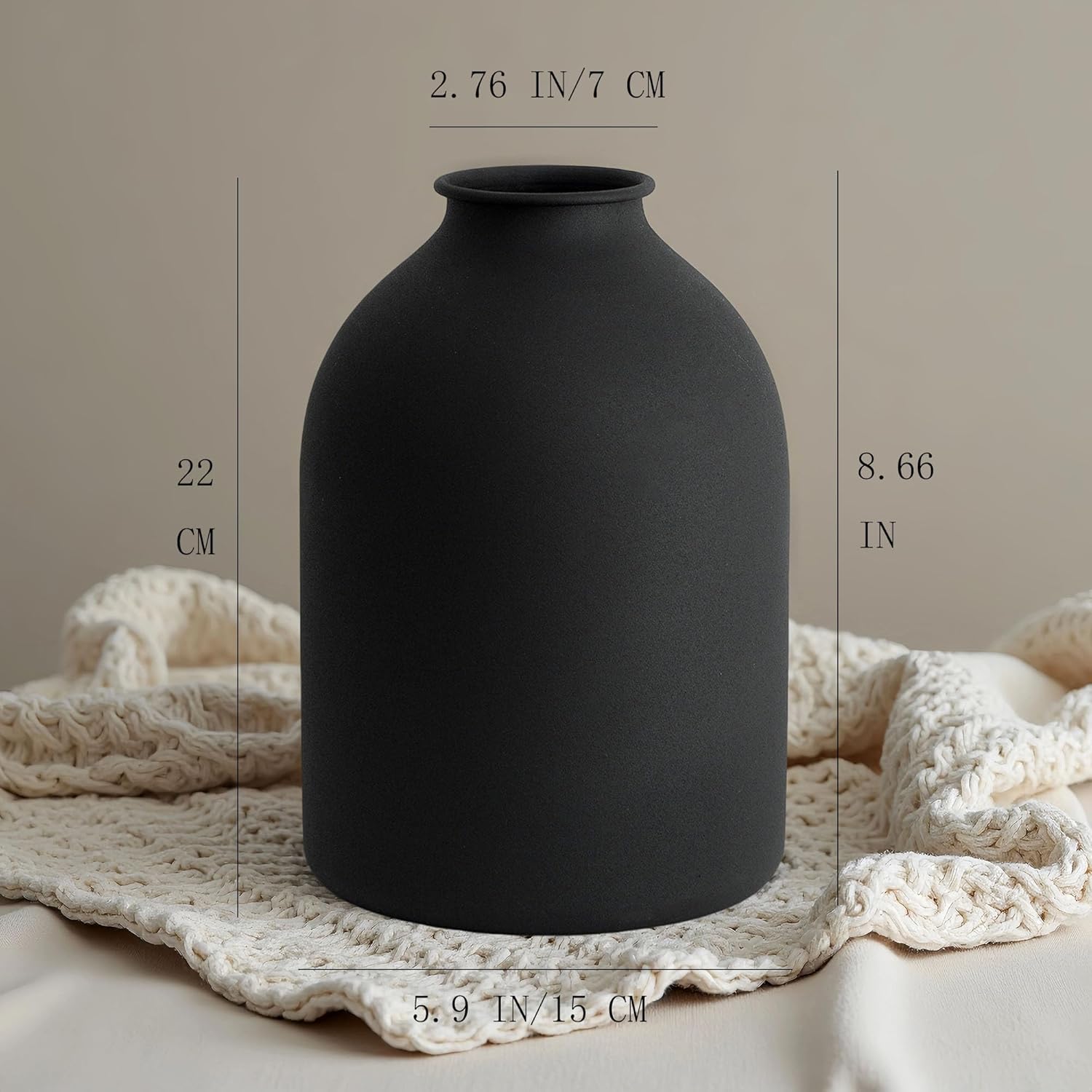 Metal Vase Vintage Matte Design 8.6 Inch Tall Natural Tones Home Decor Garden Seasonal Arrangements Iron Frosted Flower Arranging Vase (Matte Black)